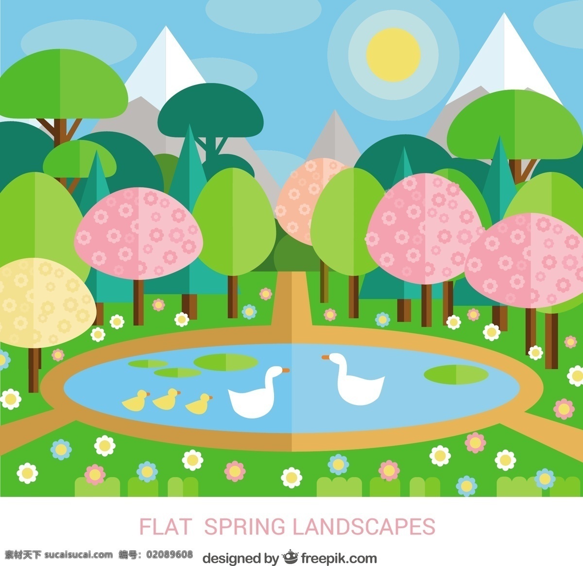 春天 美丽 公园 花 树 阳光 自然 绿化 景观 平坦 可爱 树木 植物 樱花 平面设计 山 樱桃 绿色