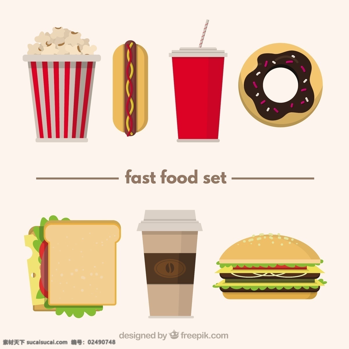 平面设计 中 快餐 品种 食物 菜单 咖啡 狗 公寓 汉堡 饮料 食物菜单 吃 三明治 爆米花 甜甜圈 快 热狗 餐