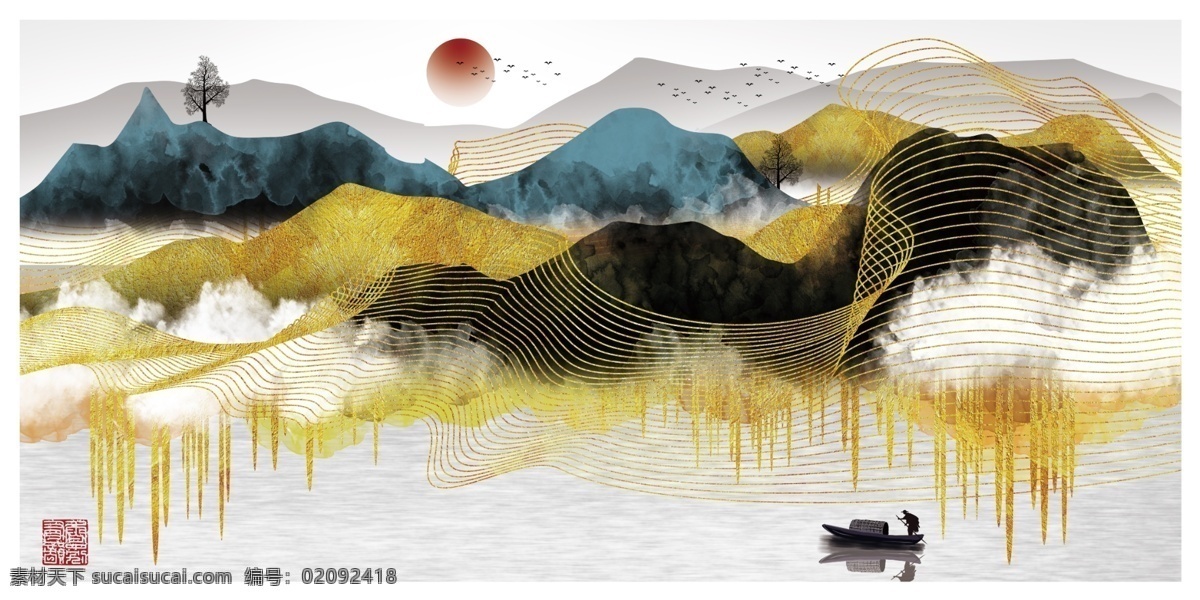 中国 风 金色 线条 山川 风景 装饰画 中国风 室内画 挂画 山峦 划船 白云