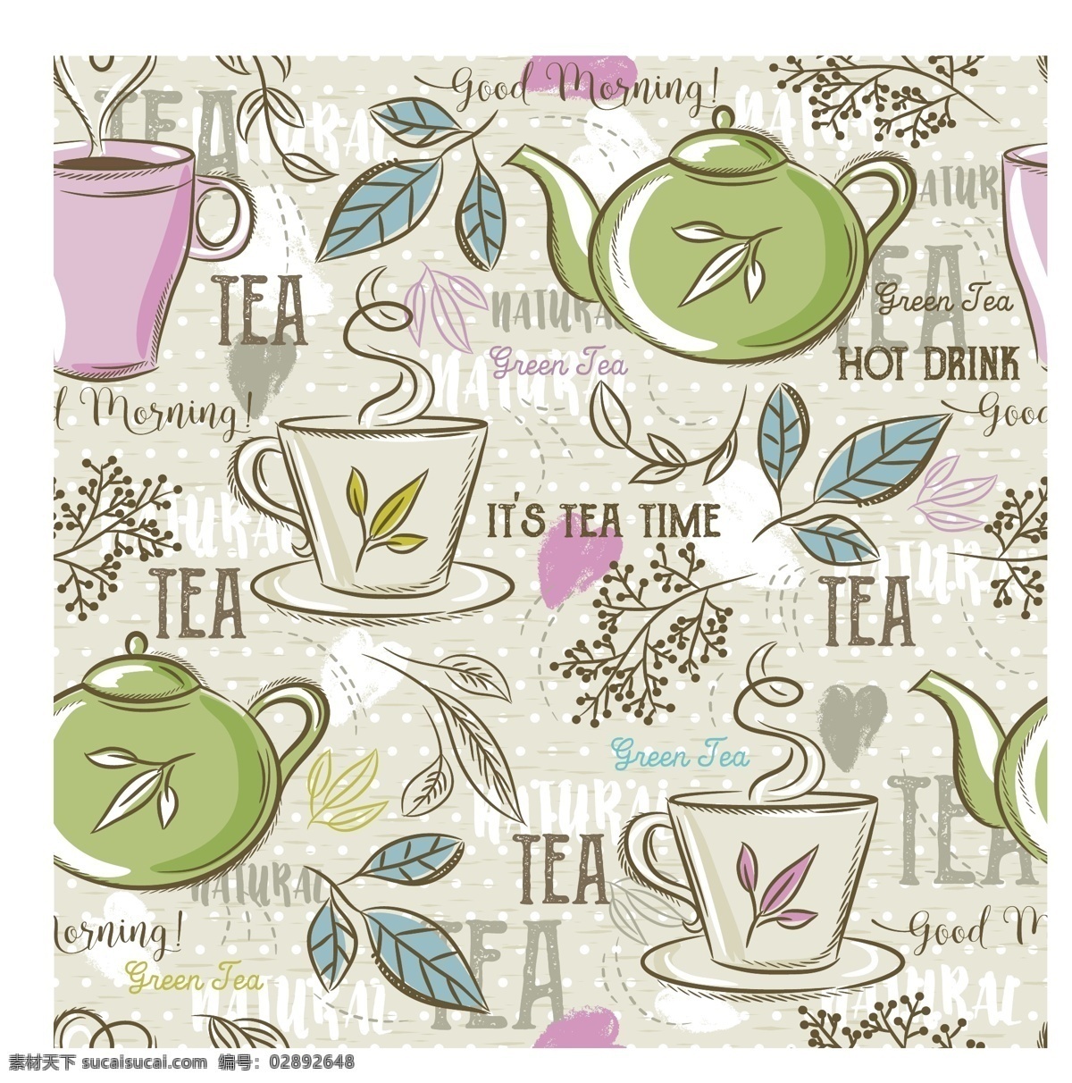 手绘 清新 绿茶 背景 底纹 茶叶 绿色 杯子 茶壶