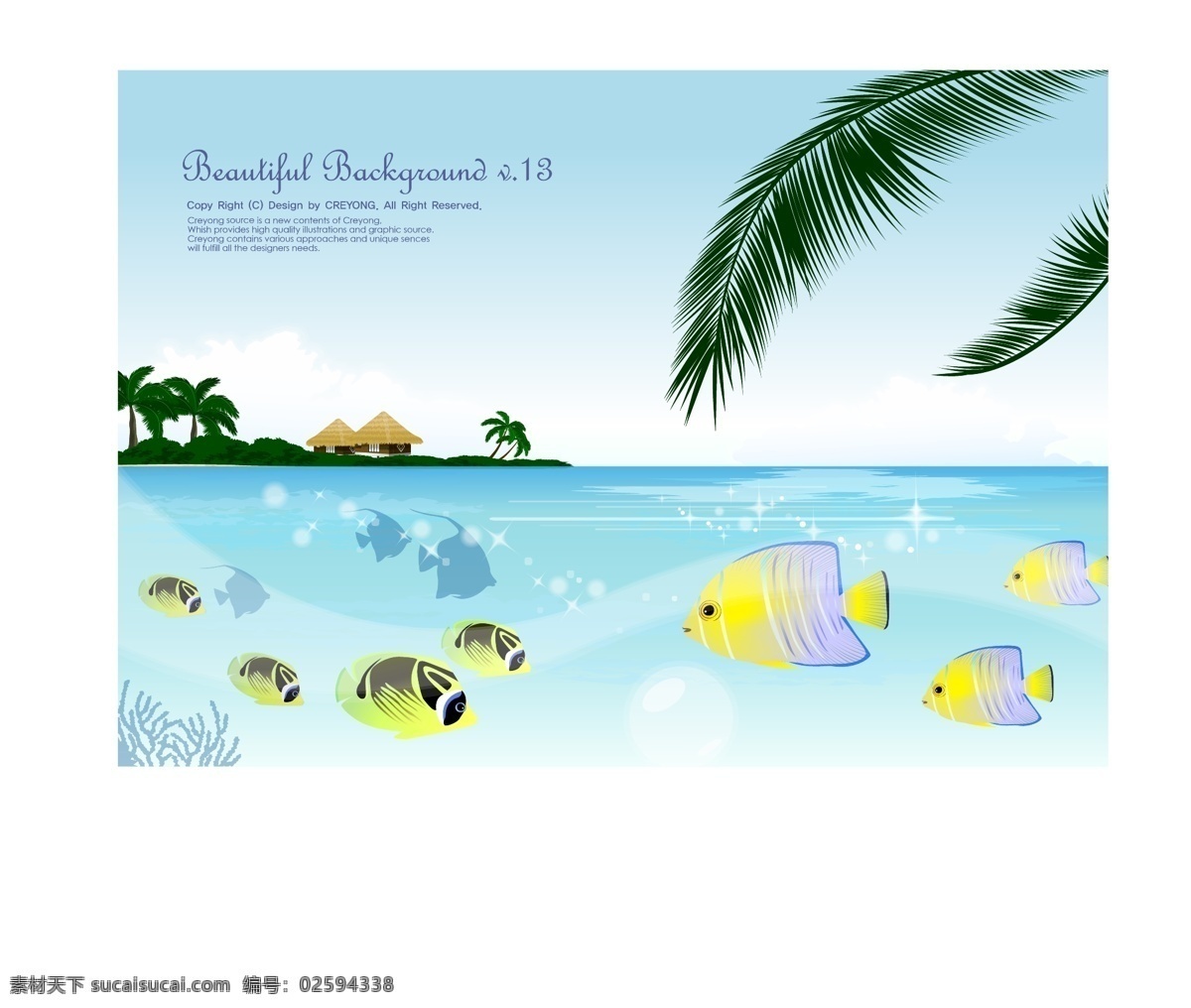 热带 矢量 大海 岛 景观 热带鱼 阳光 椰子 滨海风光 矢量图 花纹花边