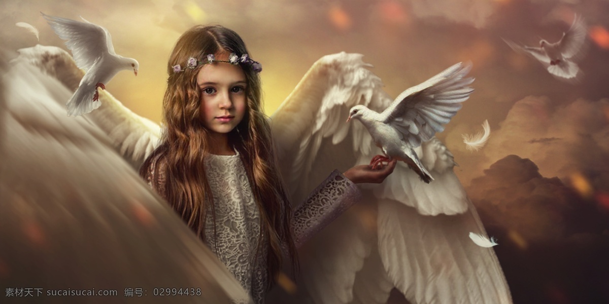天使 女孩 海报 合成 天使女孩 天空 鸽子