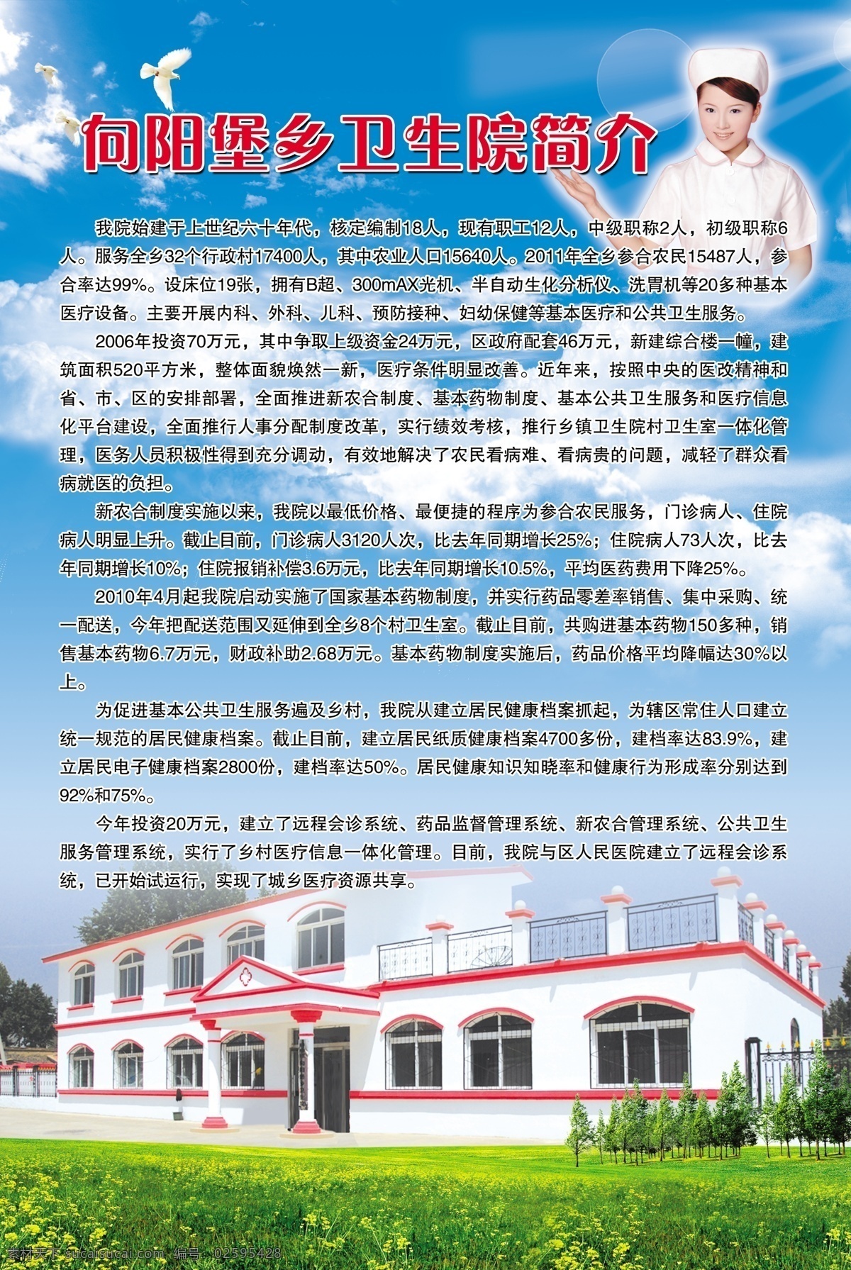 卫生院简介 向阳堡 朔州 平鲁 草地 蓝天白云 护士 展板模板 广告设计模板 源文件