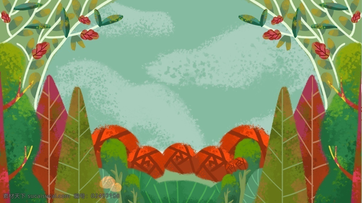 彩绘 树林 植物 插画 背景 树叶 广告背景 背景素材 卡通背景 手绘背景 彩绘背景 树林背景 插画背景 植物背景 psd背景 背景展板