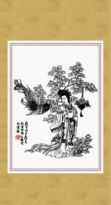 鬼狐仙怪 引凤 线描 白描 绘画 工笔 国画 人物 传统纹样 民间故事 传统文化 文化艺术 矢量