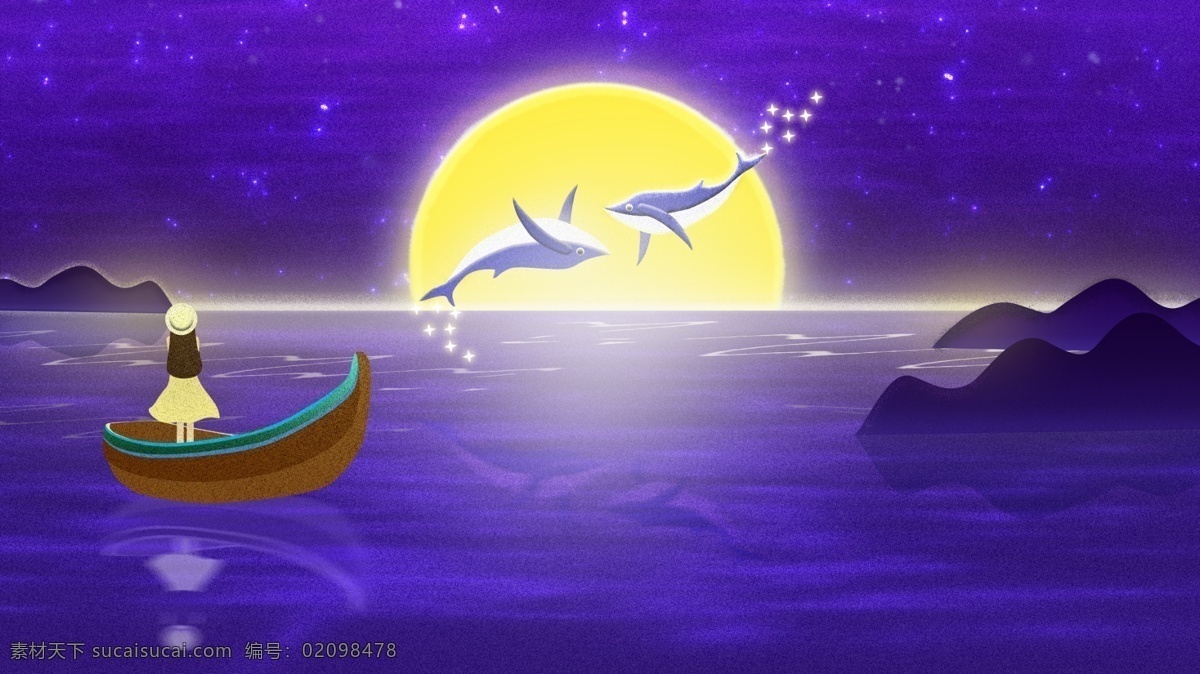 简约 梦游 仙境 治愈 系 海 深 时见 鲸 插画 大海 梦幻 船 月亮 星空 鲸鱼 女孩