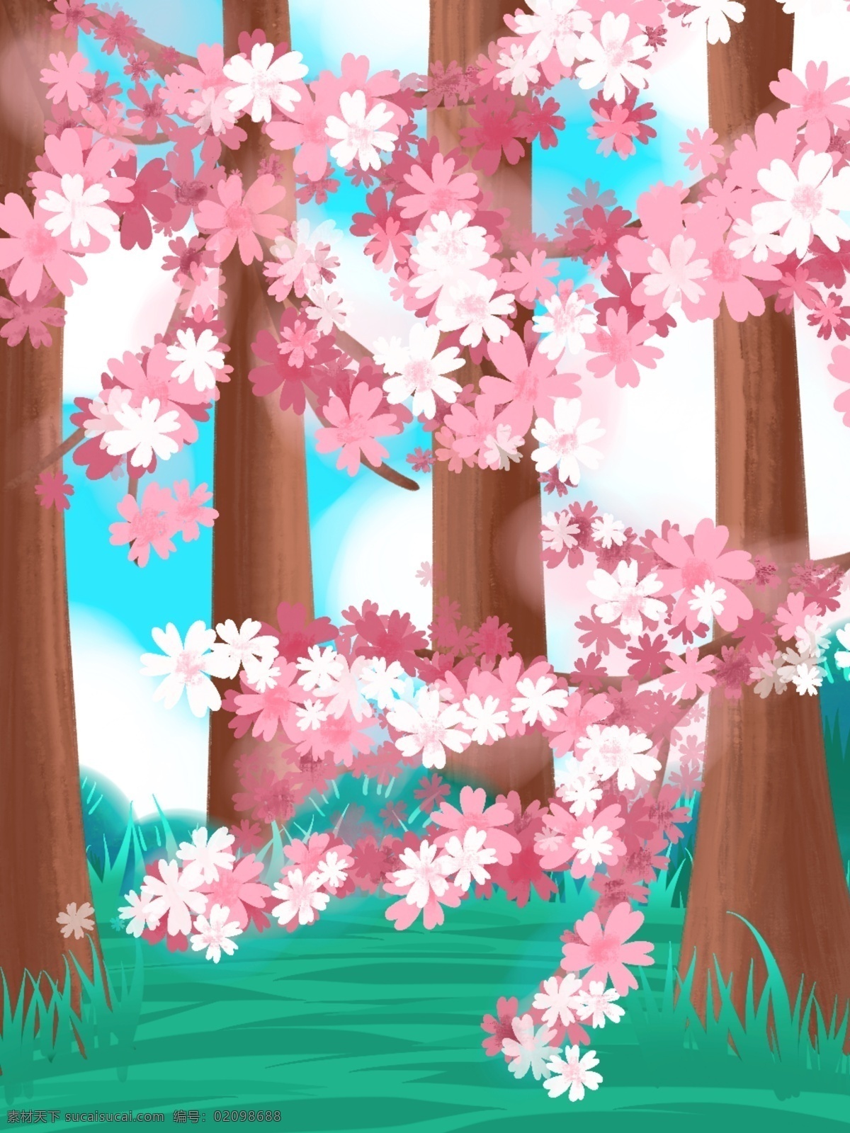 粉色 樱花 浪漫 原创 手绘 背景 蓝天 白云 樱花树 树 草地