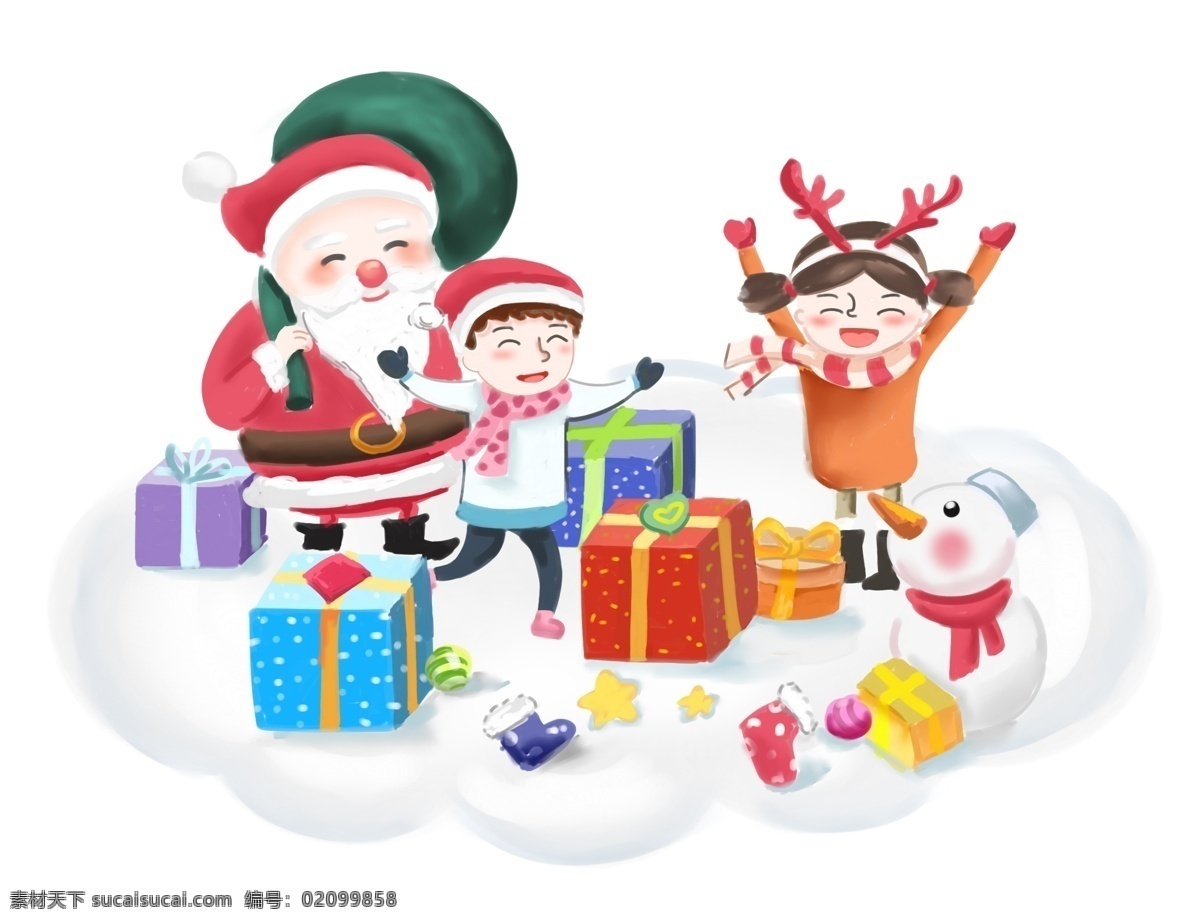 圣诞节 礼物 手绘 插画 盒子 男孩 女孩 开心 节日 圣诞老人 雪人 冬天 可爱 温馨 多彩 圣诞帽