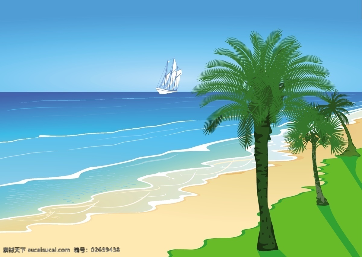 卡通 沙滩 风景 矢量 帆船 海边 海浪 矢量图 椰子树 日常生活