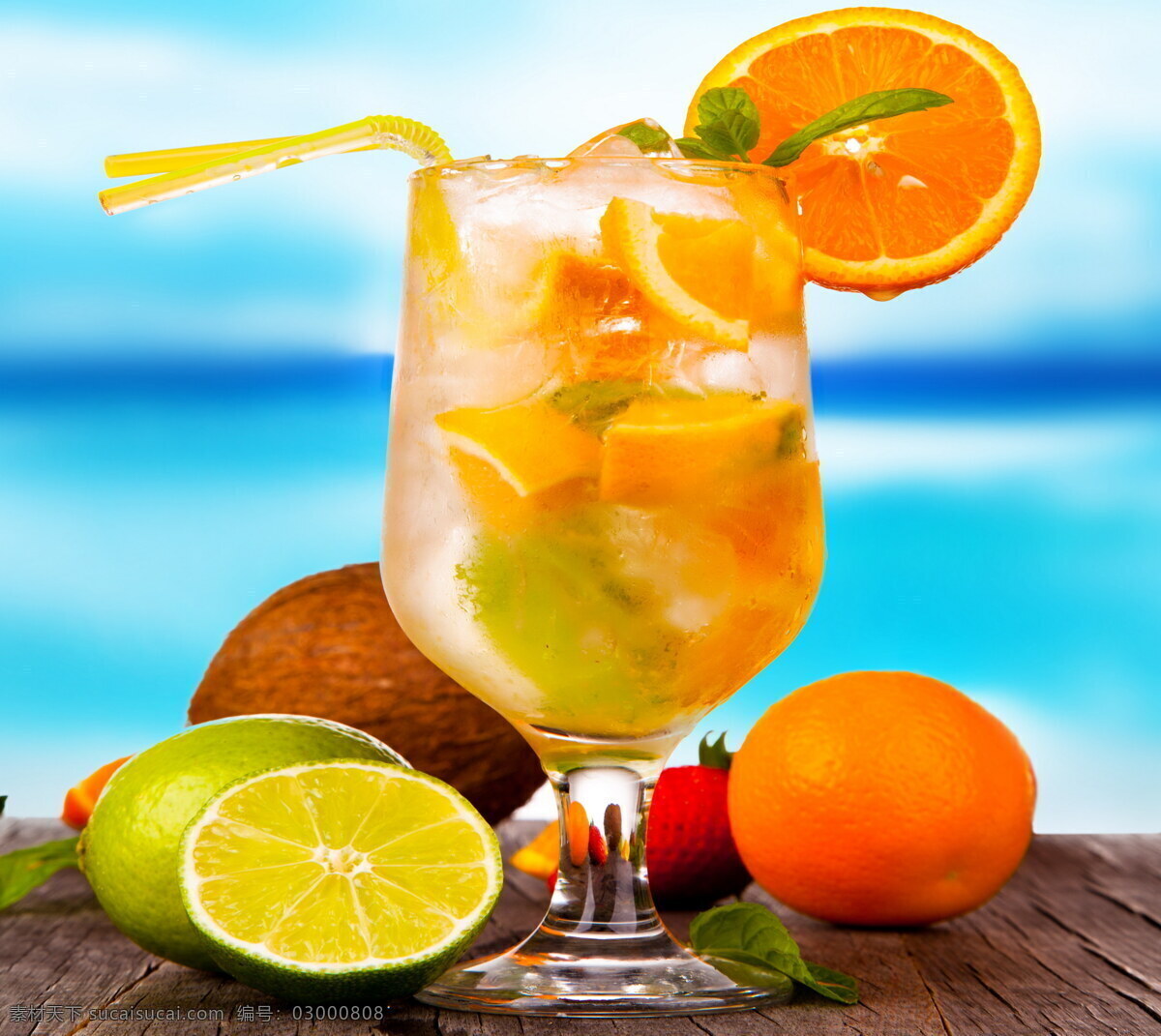果汁 柠檬 椰子 海边 海滩 沙滩 热带 水果 冷饮 夏天 橙子 餐饮美食 饮料酒水