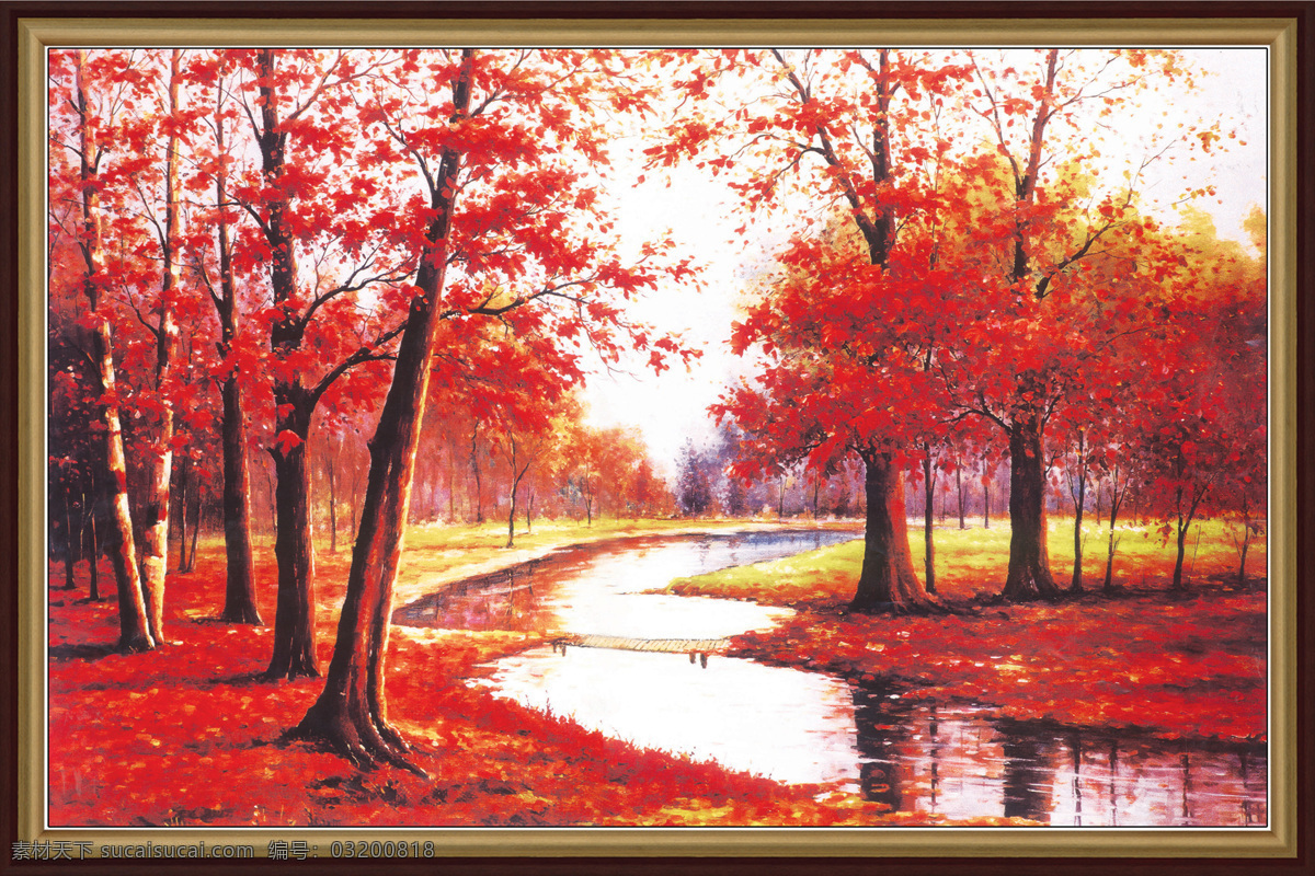 枫树 枫叶 枫树林 水 小溪 边框 树枝 红色 绘画书法 文化艺术