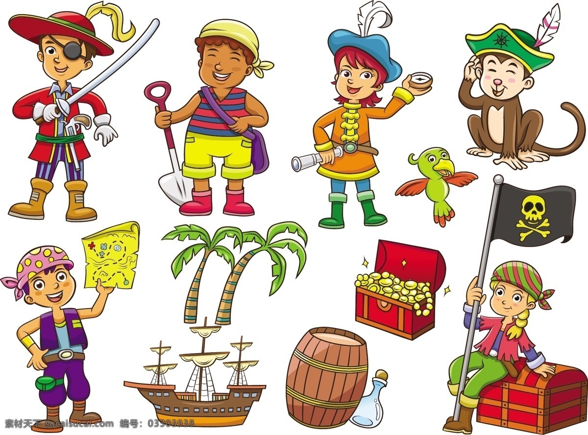小海盗 男孩 船长 水手 猴子 财宝 船 椰子树 木桶 藏宝图 鹦鹉 装扮 海盗 探险 儿童 女孩 平面素材