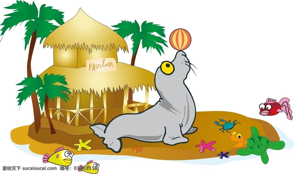 手绘 草屋 动物 元素 卡通 海象 金钱 可爱 海星 椰树 矢量