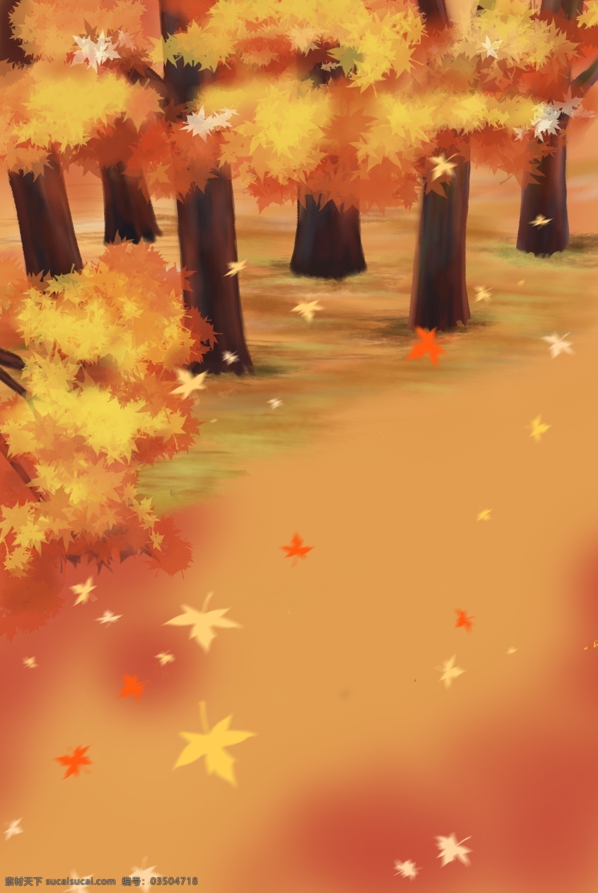 手绘 秋季 海报 背景 小清新 秋意 秋天 树木 丛林 落叶