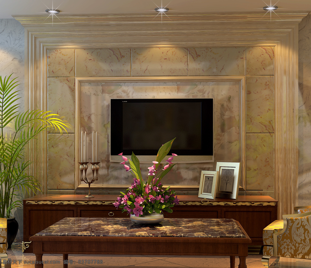 室内设计 背景墙 石材 效果图 3d 客厅 茶几 花卉 电视机 3d作品 3d设计