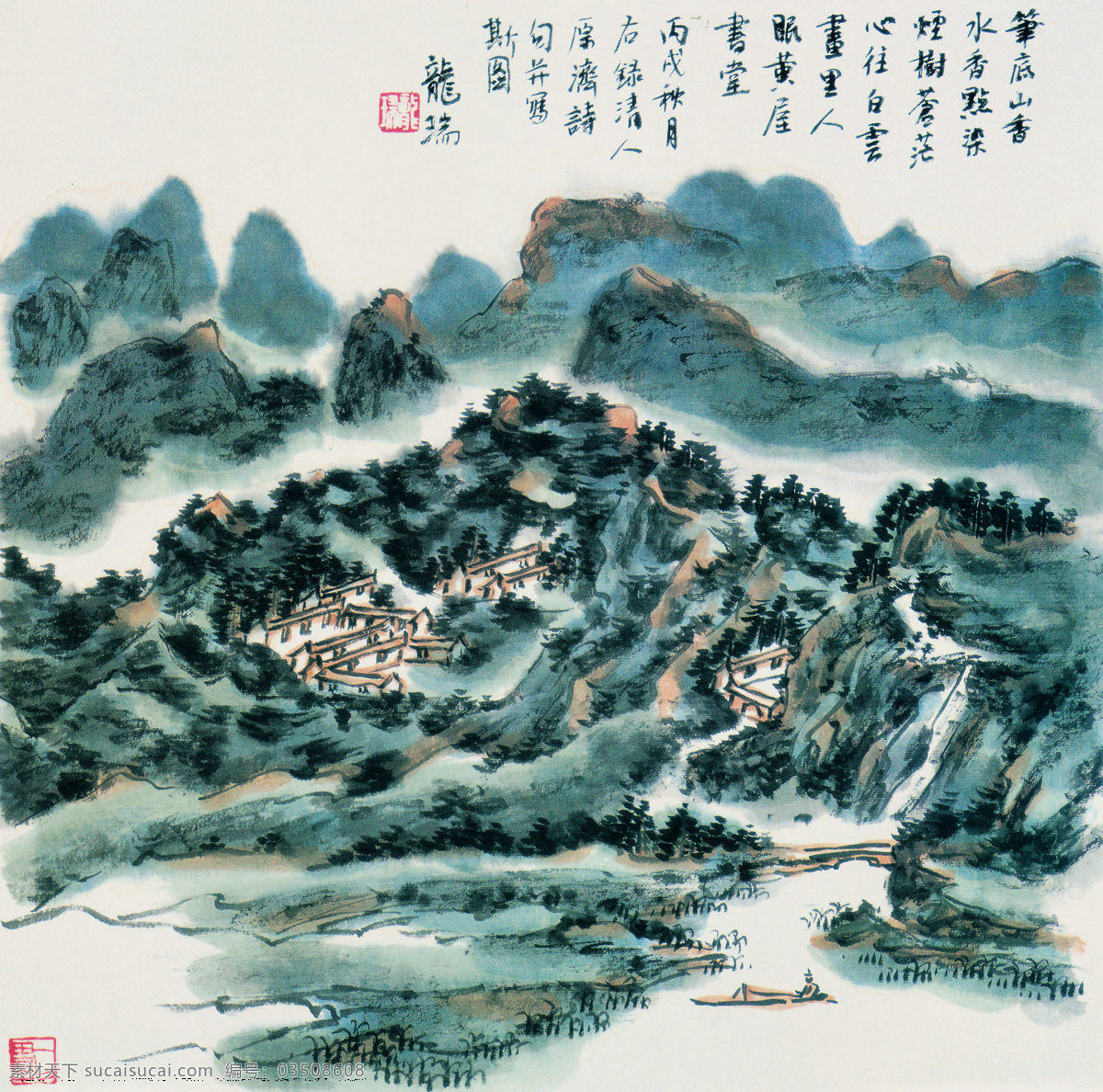 传统画 房屋 绘画 绘画书法 毛笔字 人物 山峰 亭阁 小桥 小河 小船 树林 云雾 艺术 印章 文化艺术 装饰素材 雕刻 图案