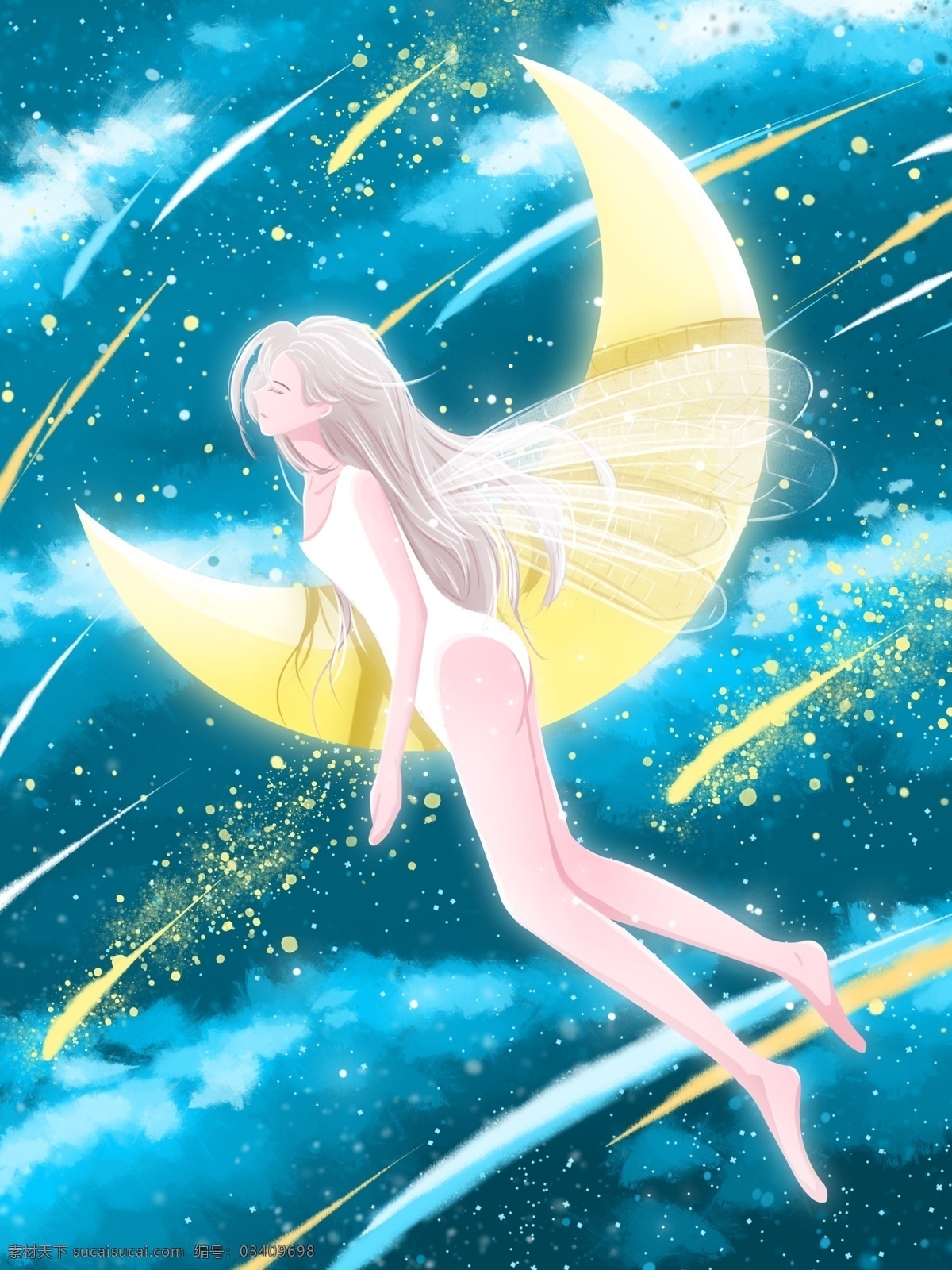 治愈 系 星空 插画 蓝色 上 精灵 女孩 云 清新 梦幻 月 翅膀 壁纸 背景
