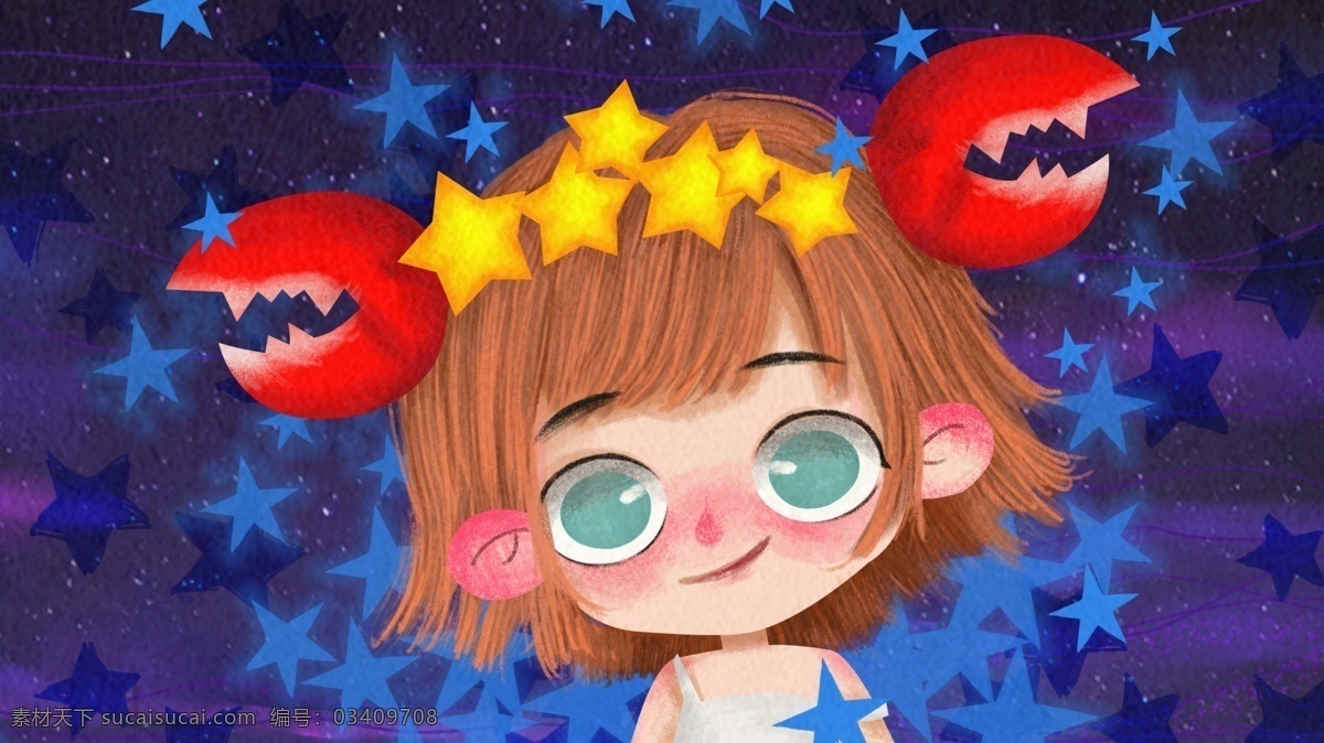 十二星座 巨蟹座 蜡笔 可爱 卡通 星空 背景 星座 占卜 可爱女孩 儿童插画 占星