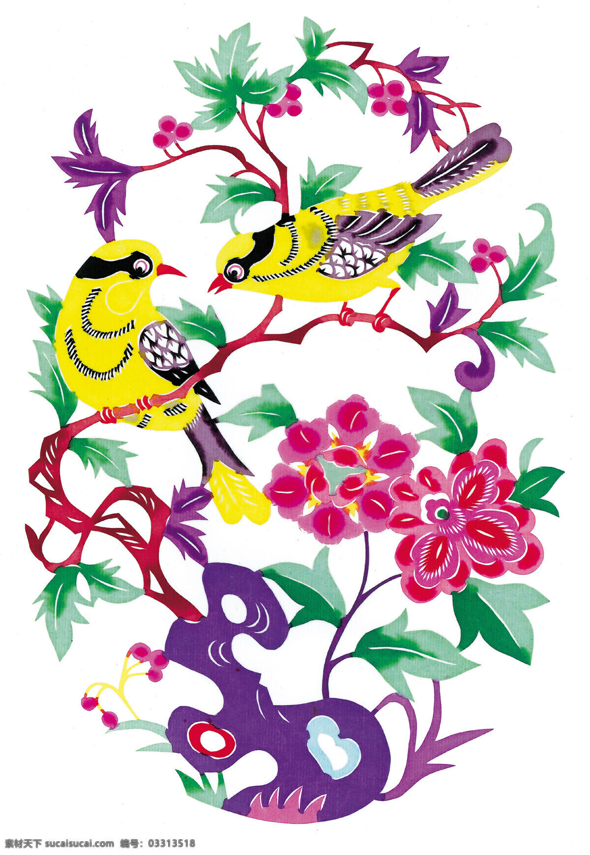 黄鹂 鲜花 剪纸 中国 风 古典 花纹 传统 图案 剪纸艺术 民间剪纸艺术 民间画 文化艺术