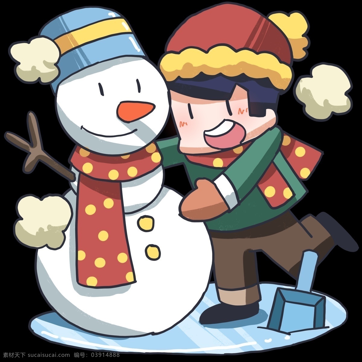 大寒 人物 雪人 插画 白色的雪人 蓝色的帽子 卡通人物插画 红色的帽子 大寒人物插画 红色的围巾
