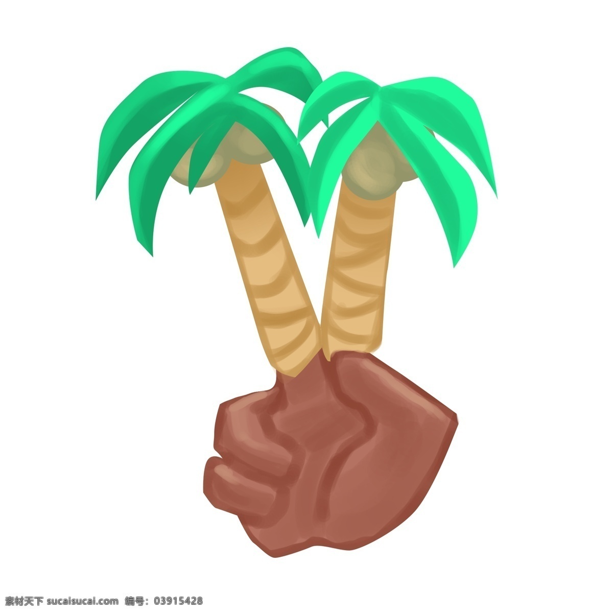 创意 椰树 手势 插画 椰树手势 棕色的手掌 卡通手势插画 手势插画 绿色的叶子