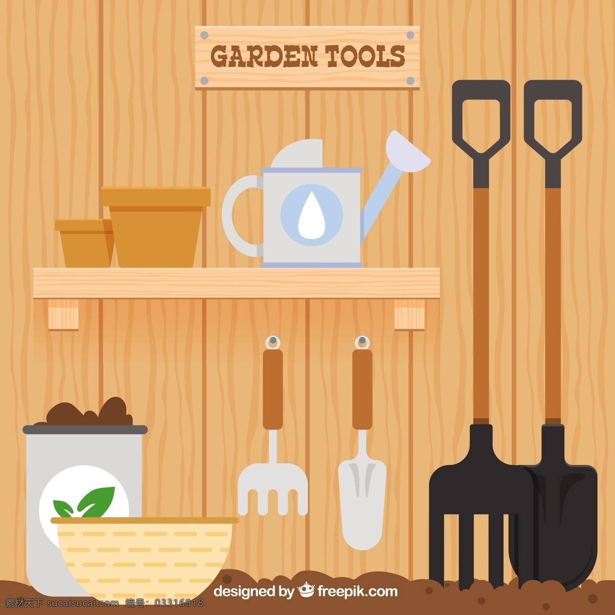 小木 房里 工具 自然 绿色 扁平 蔬菜 花园 工具室 平面 元素 植物 木 园艺 成长 铲 种子 种植 浇水 黄色