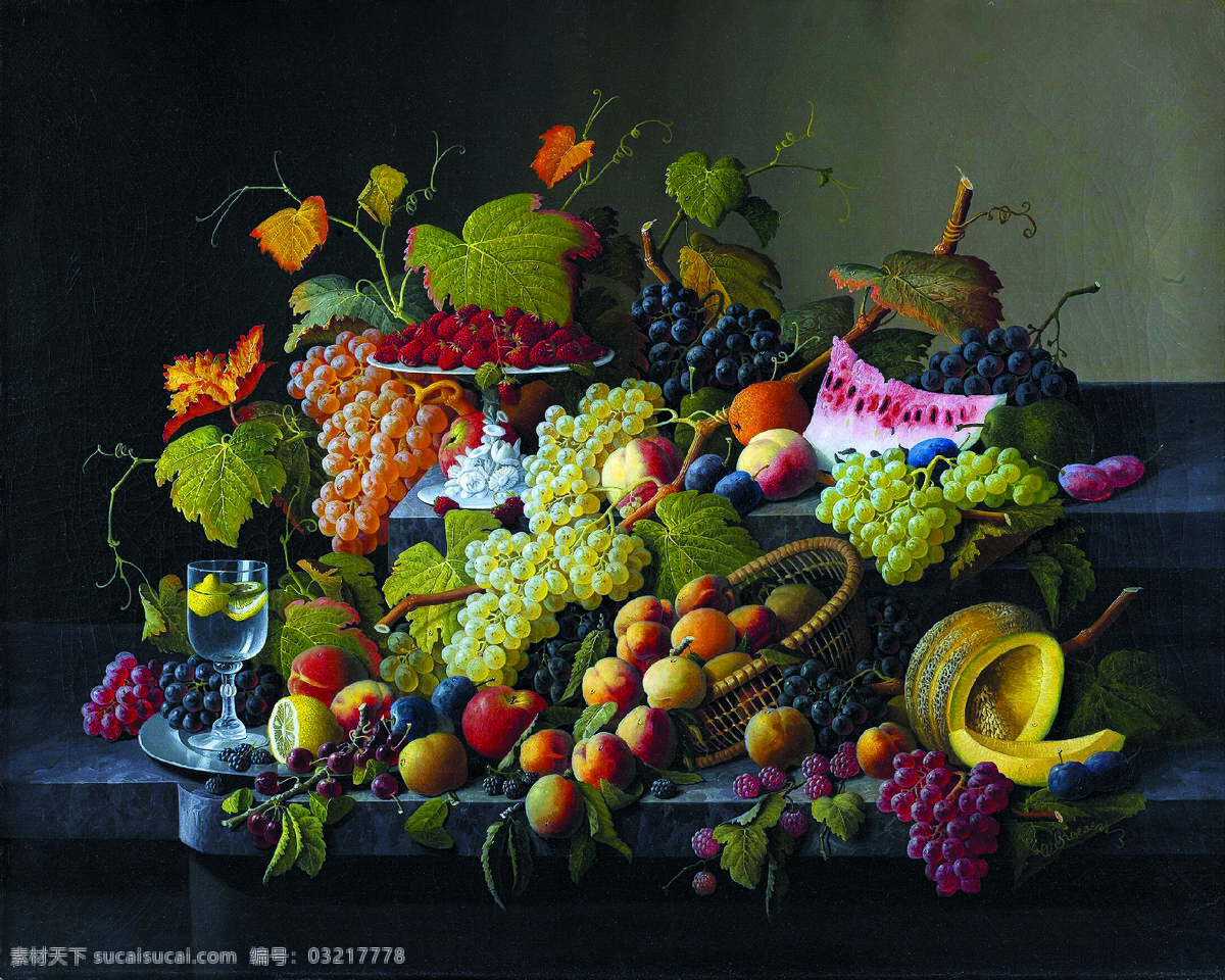 静物水果 美术 油画 静物画 葡萄 桃子 苹果 柠檬 李子 油画作品87 文化艺术 绘画书法