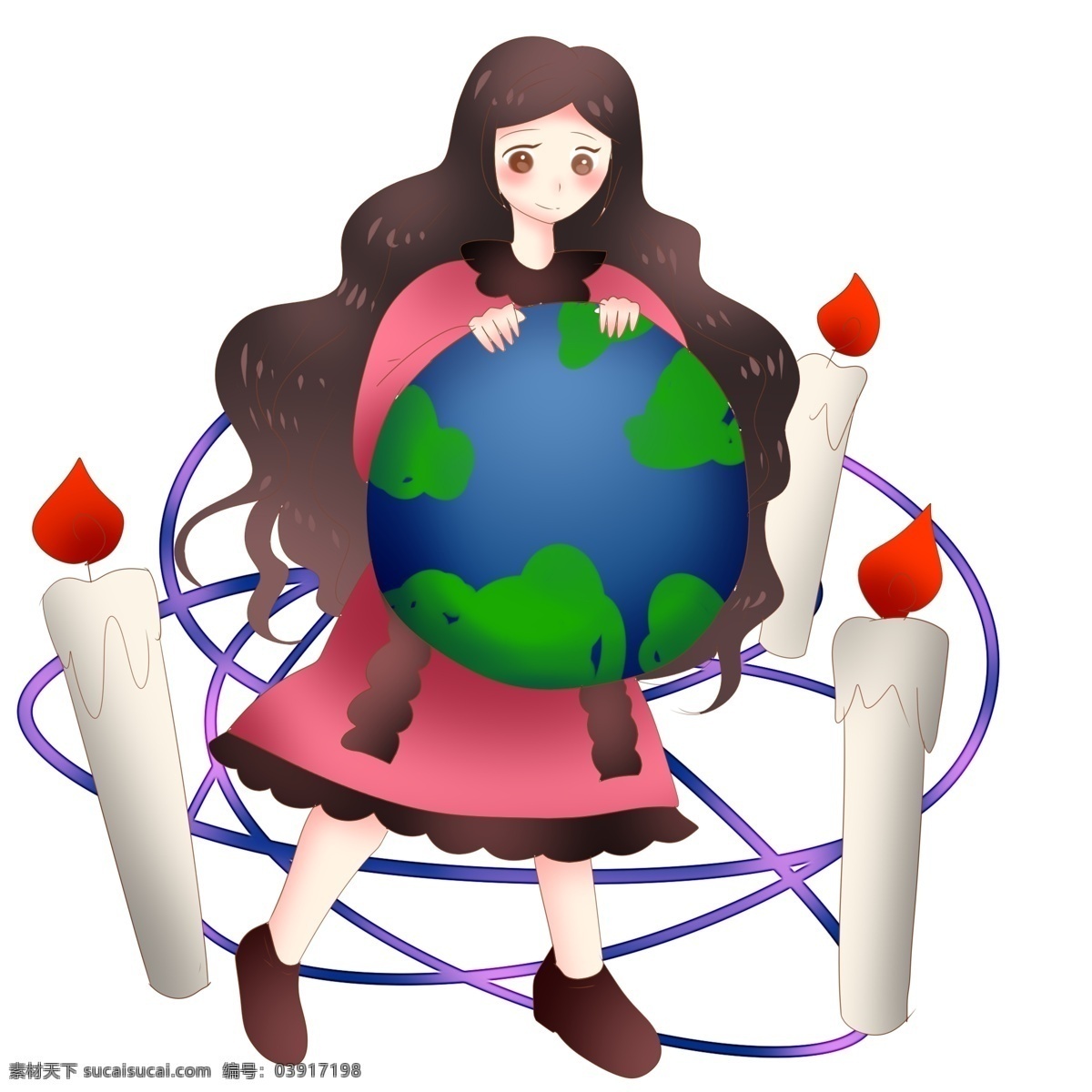 点 蜡烛 小女孩 插画 地球 小时 点蜡烛的女孩 白色的蜡烛 红色的火苗 绿色的地球 卡通人物