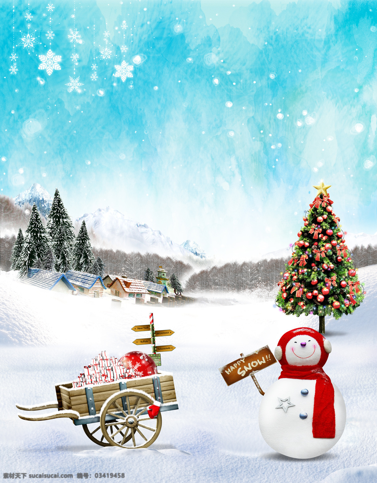 雪景 室内 移门 创意 画 家装模型 模型素材 移门画 雪人 圣诞树 效果图