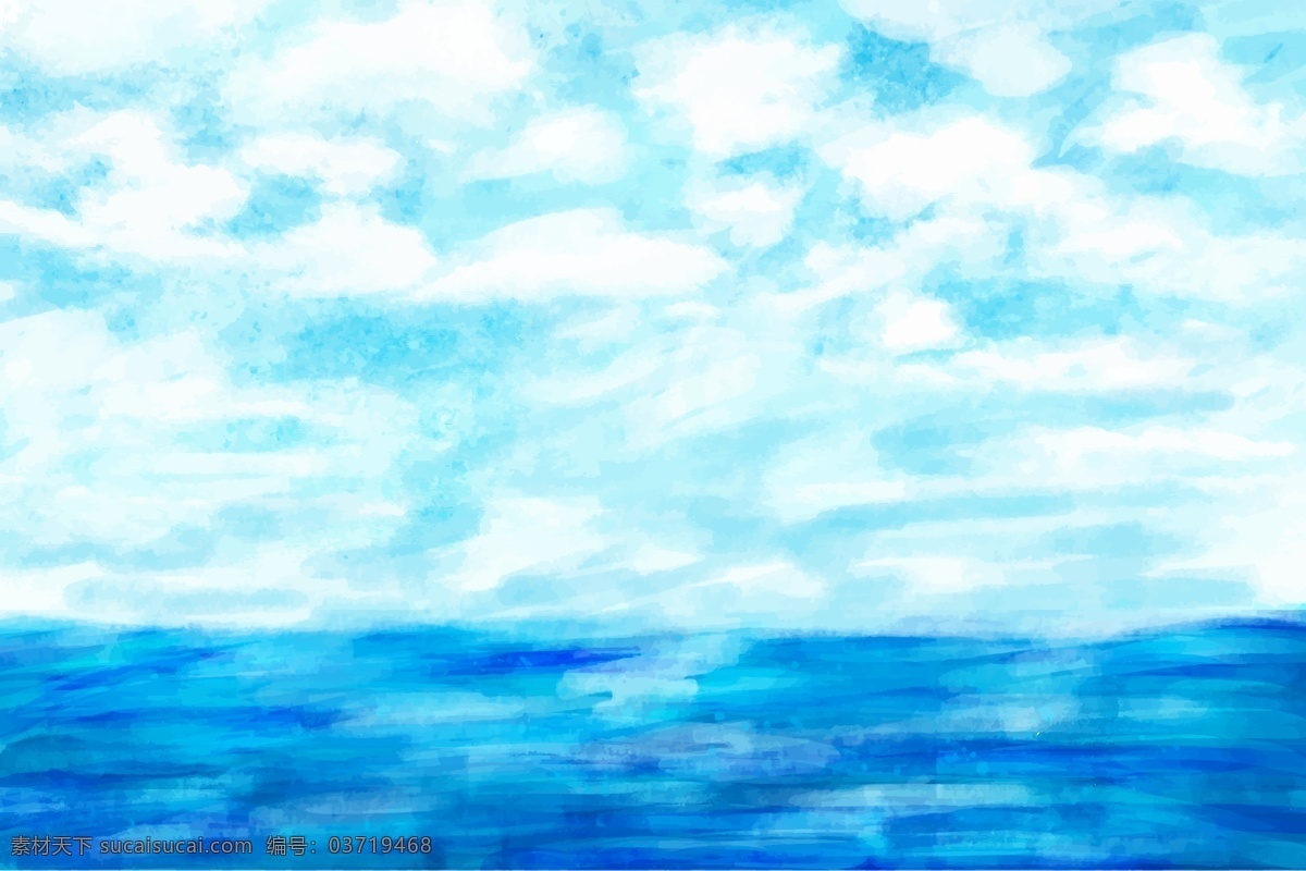 手绘 大海 风景 广告 背景 水彩 蓝天 大海风景 天空 海报 平面 矢量 模板