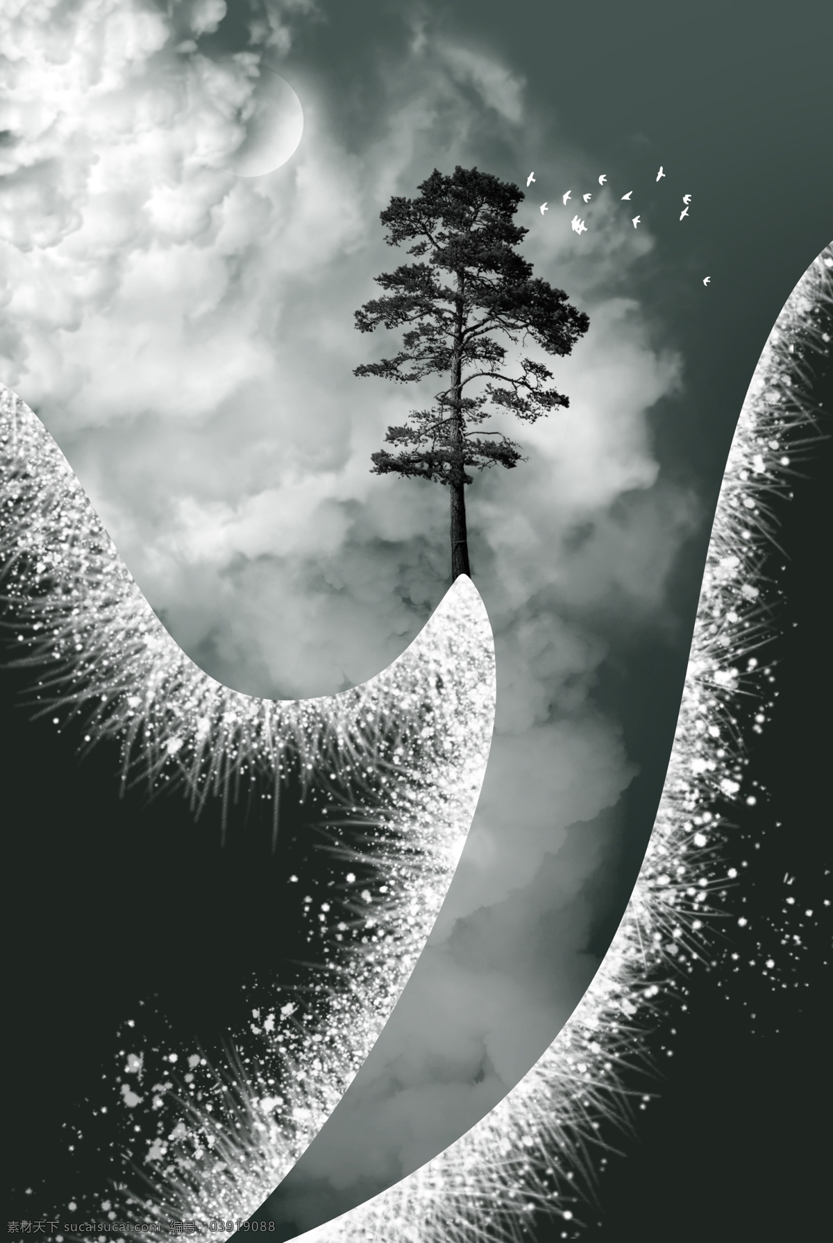 悬 乌云 灰色系 树 抽象 山水画 抽象山水 手绘山水 现代 玄关背景 装饰画 环境设计 无框画