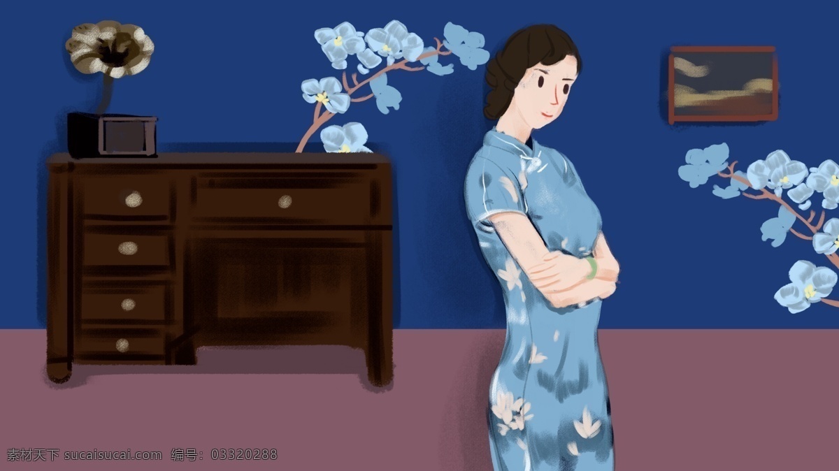 民国 蓝色 旗袍 女人 插画 配图 花 民国风 文章配图