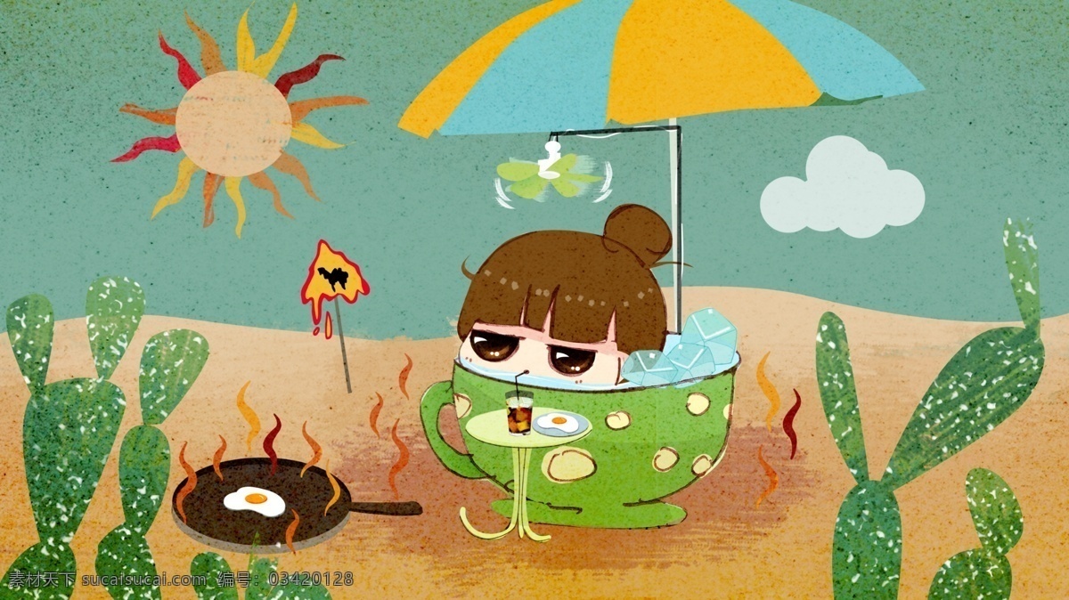 高温 预警 天气 好 热 复古 可爱 卡通 手绘 插画 太阳 沙漠 冰块 好热 仙人掌 煎蛋 泡澡 太阳伞