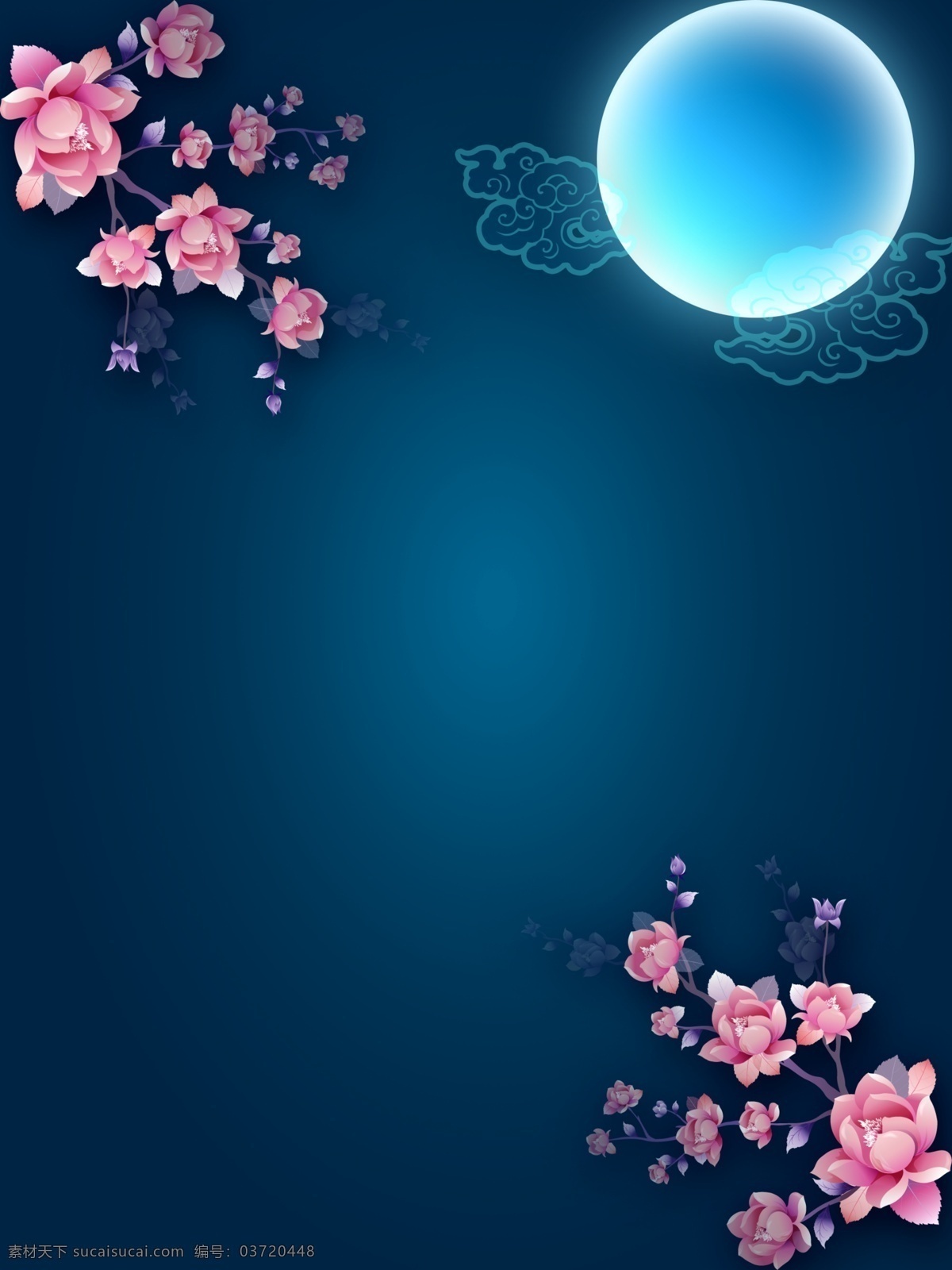 明月 花朵 夜空 背景 蓝色背景 夜色背景 粉色花朵 花前月下 明月背景