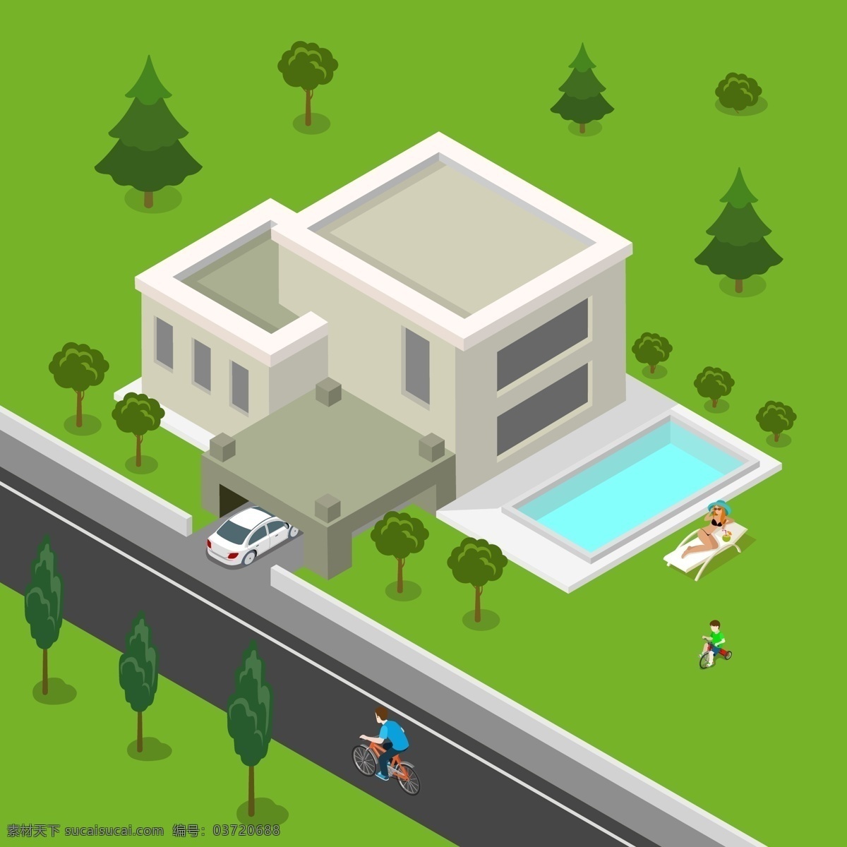 创意 时尚 别墅 外观 插画 房子 独栋 建筑 游泳池