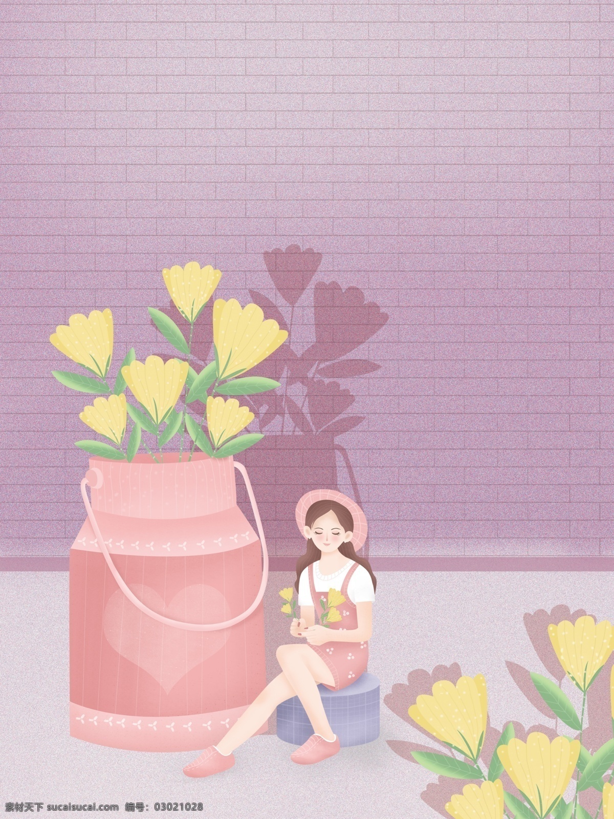 坐 插花 女孩 背景 花朵 花朵背景 彩绘 小女孩 人物 手绘背景 背景展板 特邀背景 促销背景 背景图