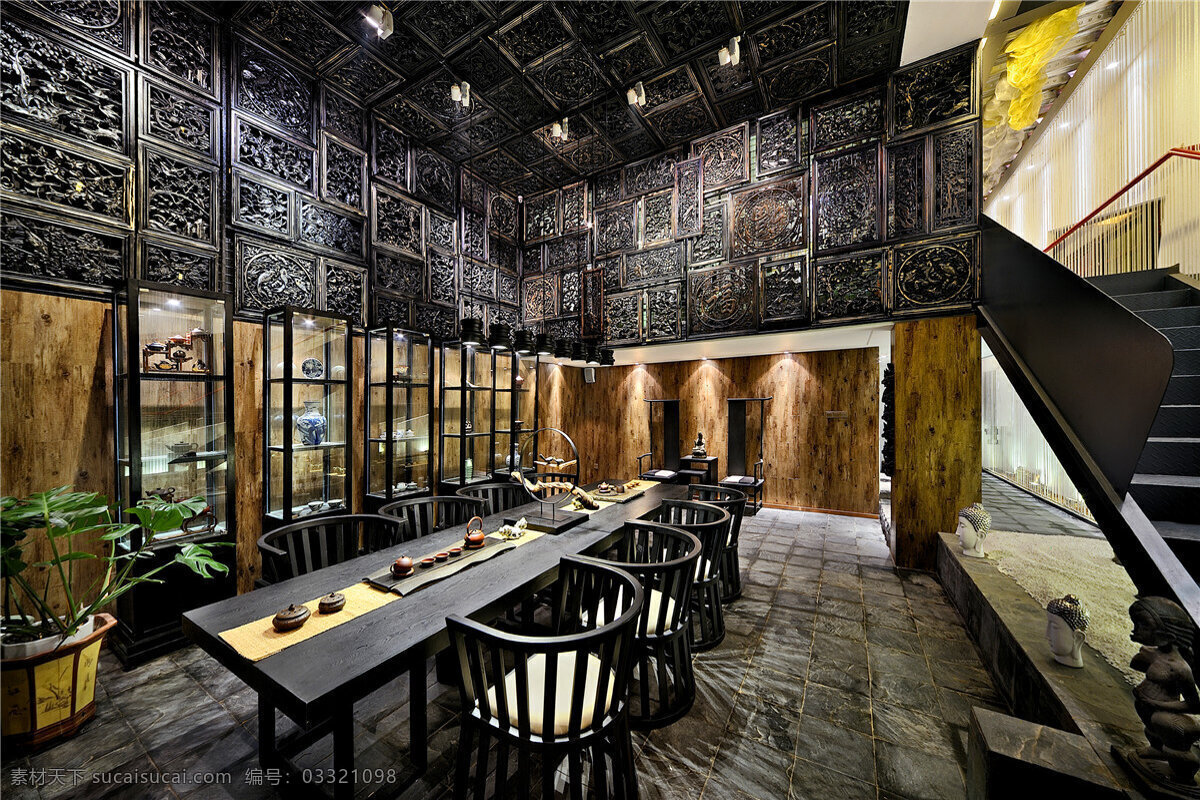 白色灯光 餐厅 长方形餐桌 栏杆 楼梯间 简约 灰色 花纹 墙壁 工装 效果图 地板砖