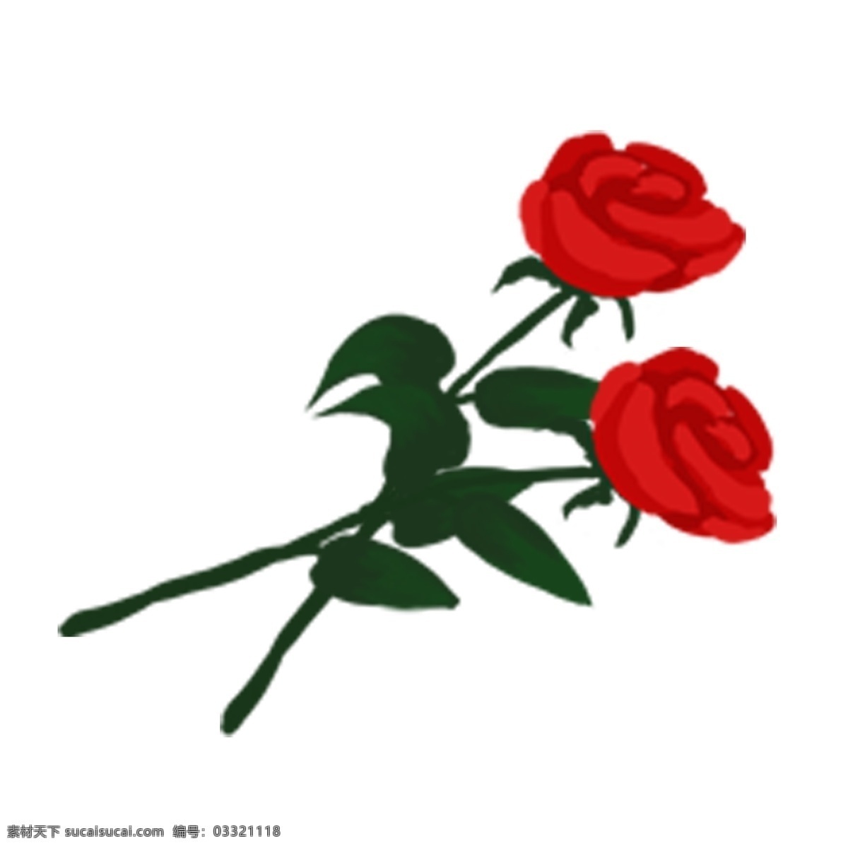 两 枝 手绘 玫瑰花 卡通 元素 花枝 红色