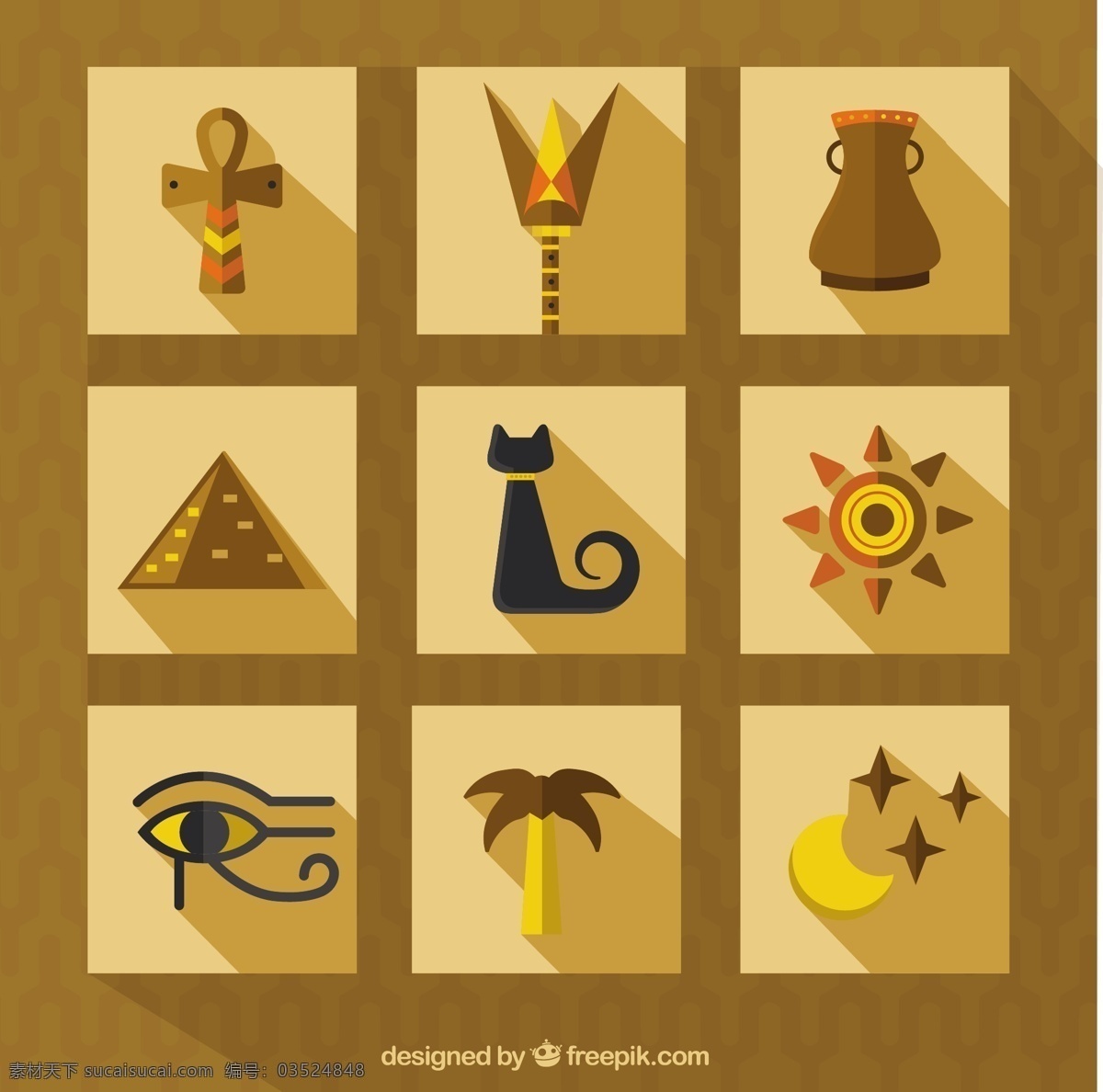 埃及文化图标 图标 猫 太阳 月亮 眼睛 手掌 金字塔 象征 埃及文化 神 花瓶 甲虫 埃及 古代 法老 圣 棕色