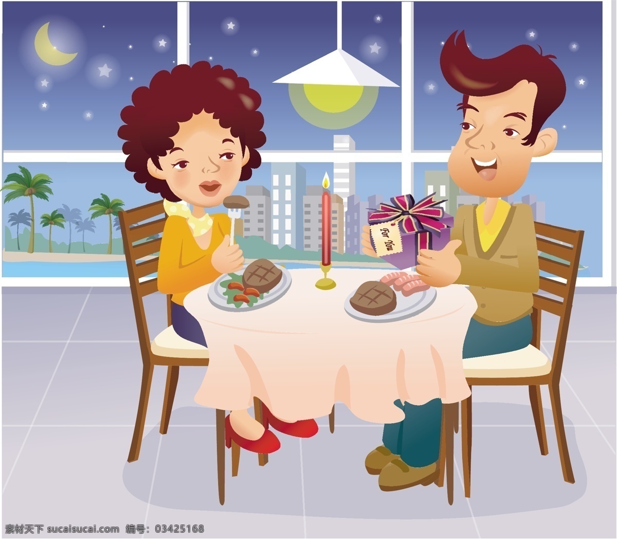 吃 晚餐 俩 人 夫妻 家庭人物 矢量图 窗外夜景 其他矢量图