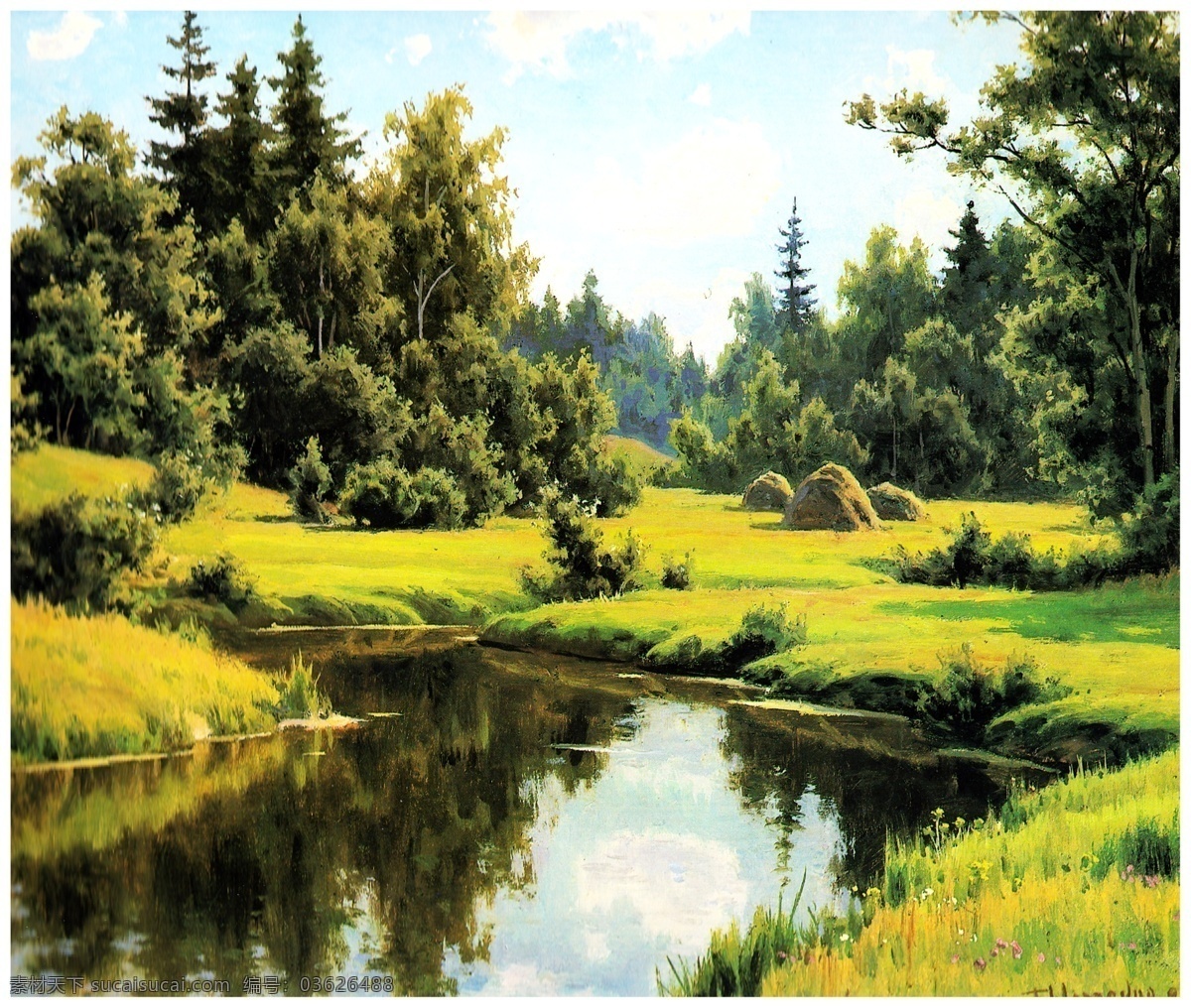 风景油画 春天风景油画 春天油画 油画风景 郊外风景 小溪 河流 草地 绿树 倒影 鲜花 西方油画 油画集 绘画书法 文化艺术