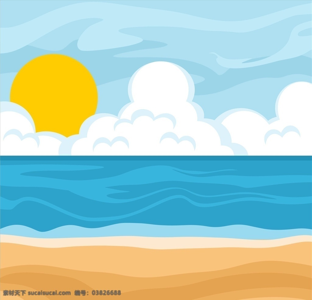 矢量手绘大海 太阳 大海 云彩 海平面 沙滩 海滩 蓝海 天空 白云 卡通太阳 卡通大海 手绘 底纹边框 背景底纹