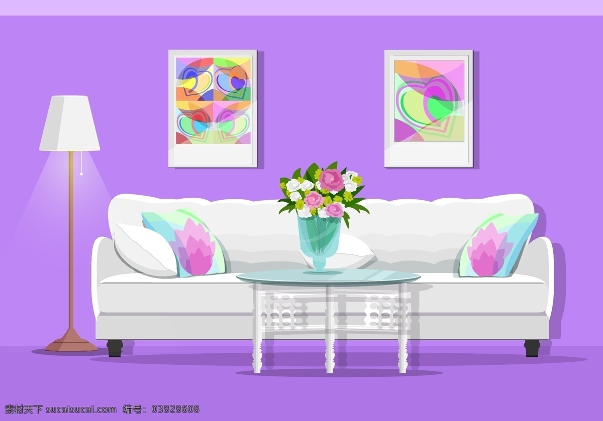 紫色 家庭 室内 房间 装饰设计 卡通 矢量 模板 装饰
