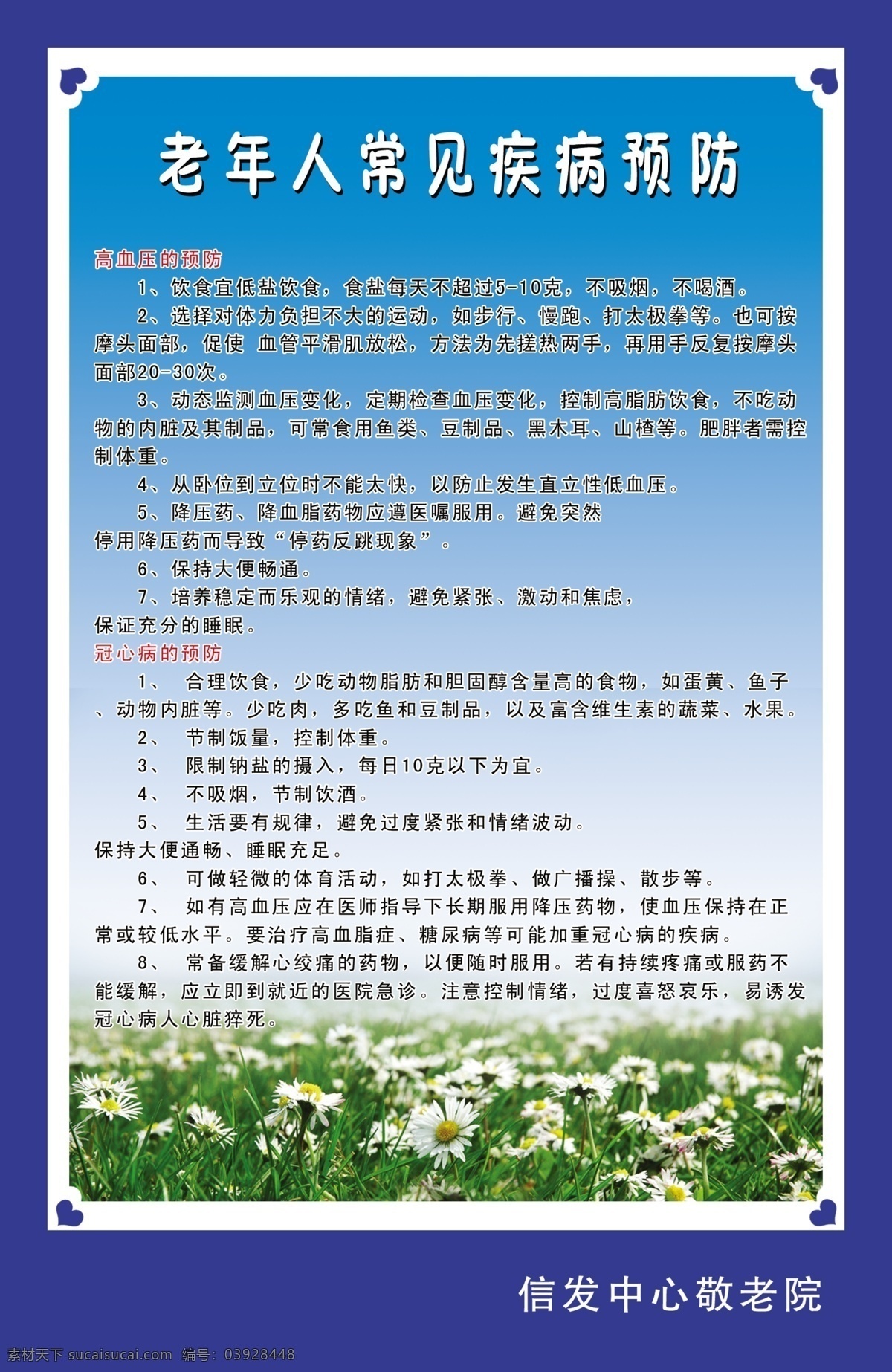 老年人 疾病预防 蓝底 菊花 花 边框 图版 敬老院 高血压预防 冠心病预防 心形 广告设计模板 源文件