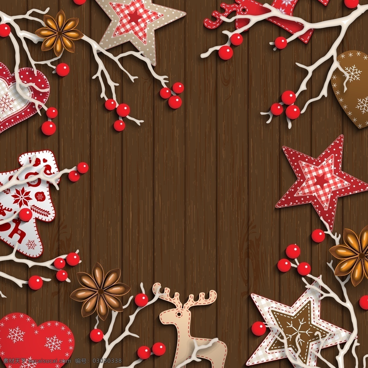 花纹 纸质 圣诞 元素 星星 驯鹿 树枝 枸骨 圣诞树 创意 矢量 高清图片
