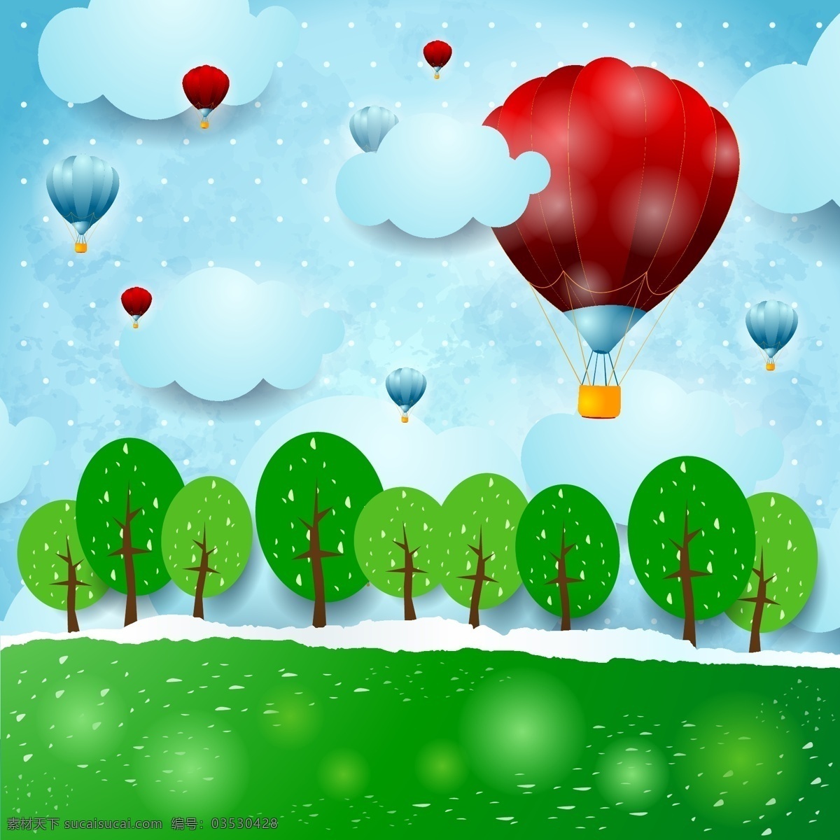 缤纷 热气球 标 贴图 卡通 蓝天 树木 树叶 雪花 矢量图 其他矢量图
