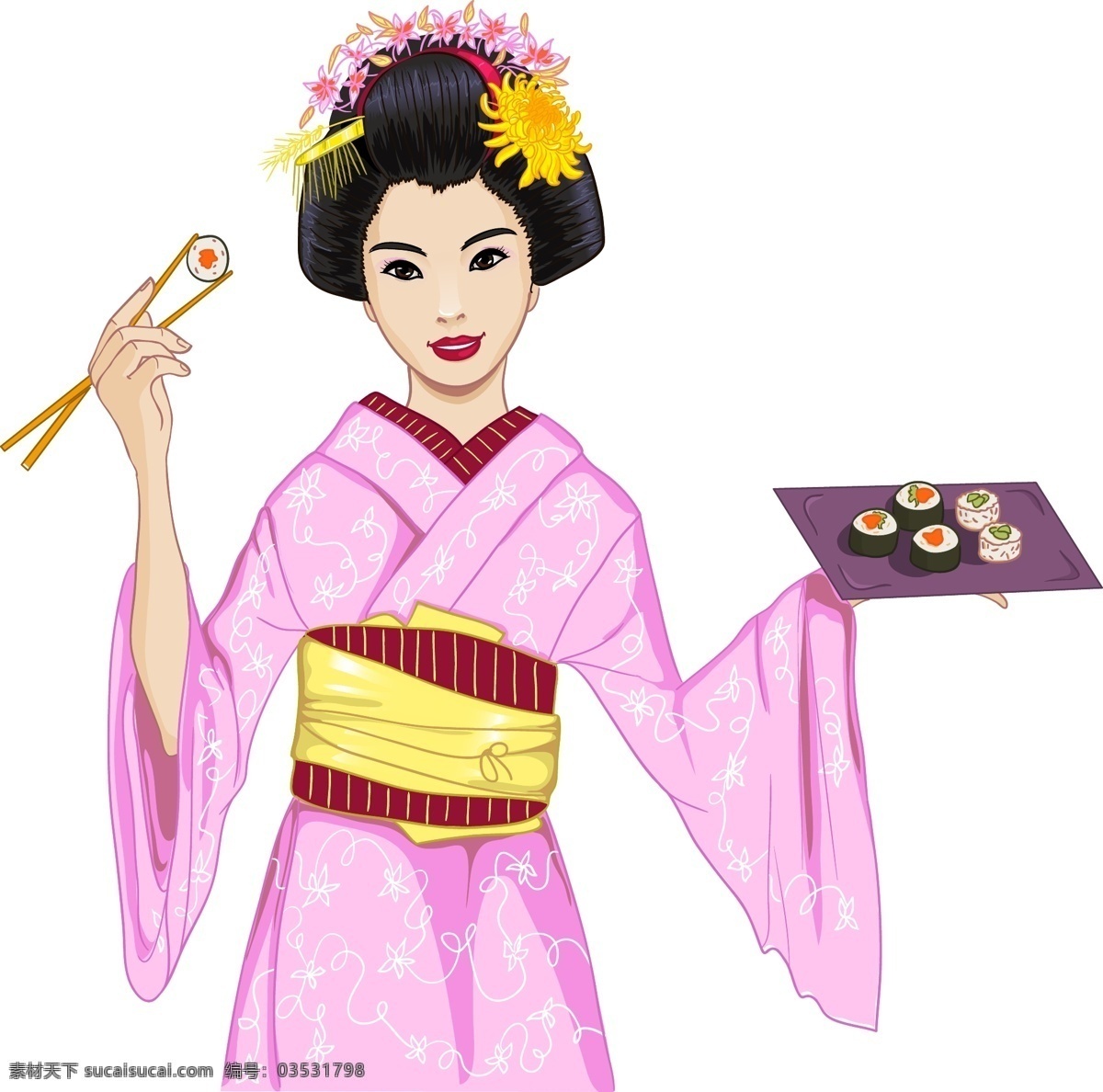 端 寿司 日本 女人 插画 食品 人物 服务员