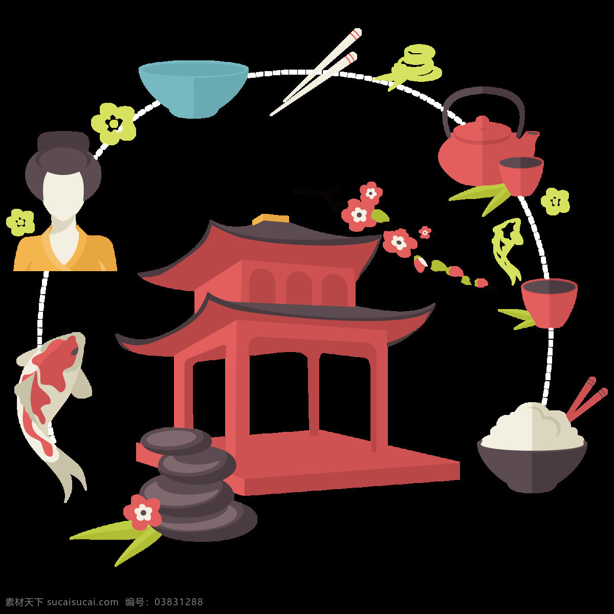 简约 手绘 拱门 日本旅游 装饰 元素 红色拱门 绿色树叶 日式旅游 日式碗筷 装饰元素