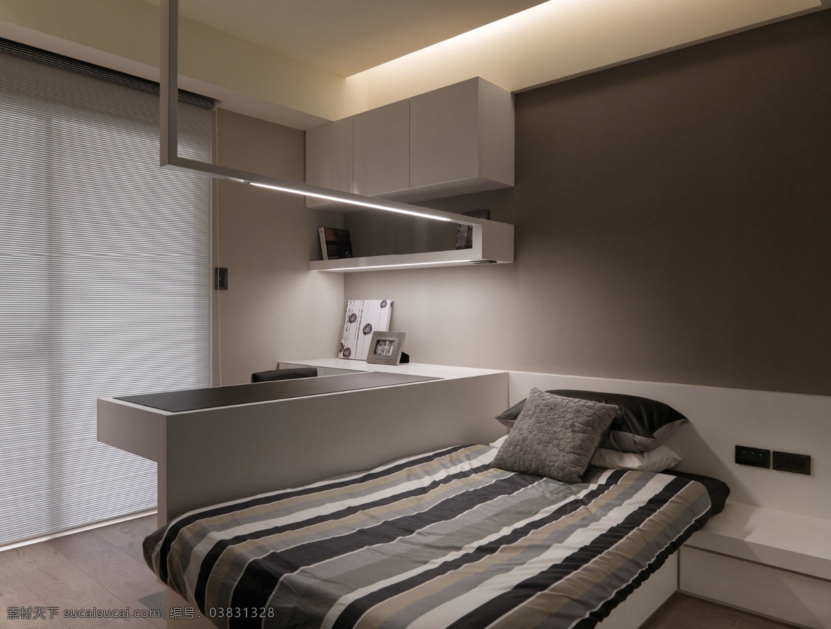 简约 卧室 床头 灰色 背景 装修 效果图 白色灯光 床铺 床头柜 方形吊顶 灰色窗帘