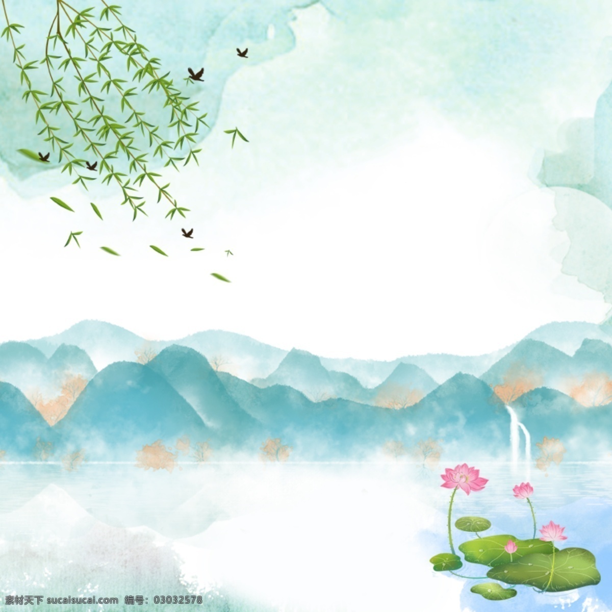 手绘 中国 风 清明节 背景 主 图 中国风 荷塘 荷花 柳树 燕子 风景 背景主图